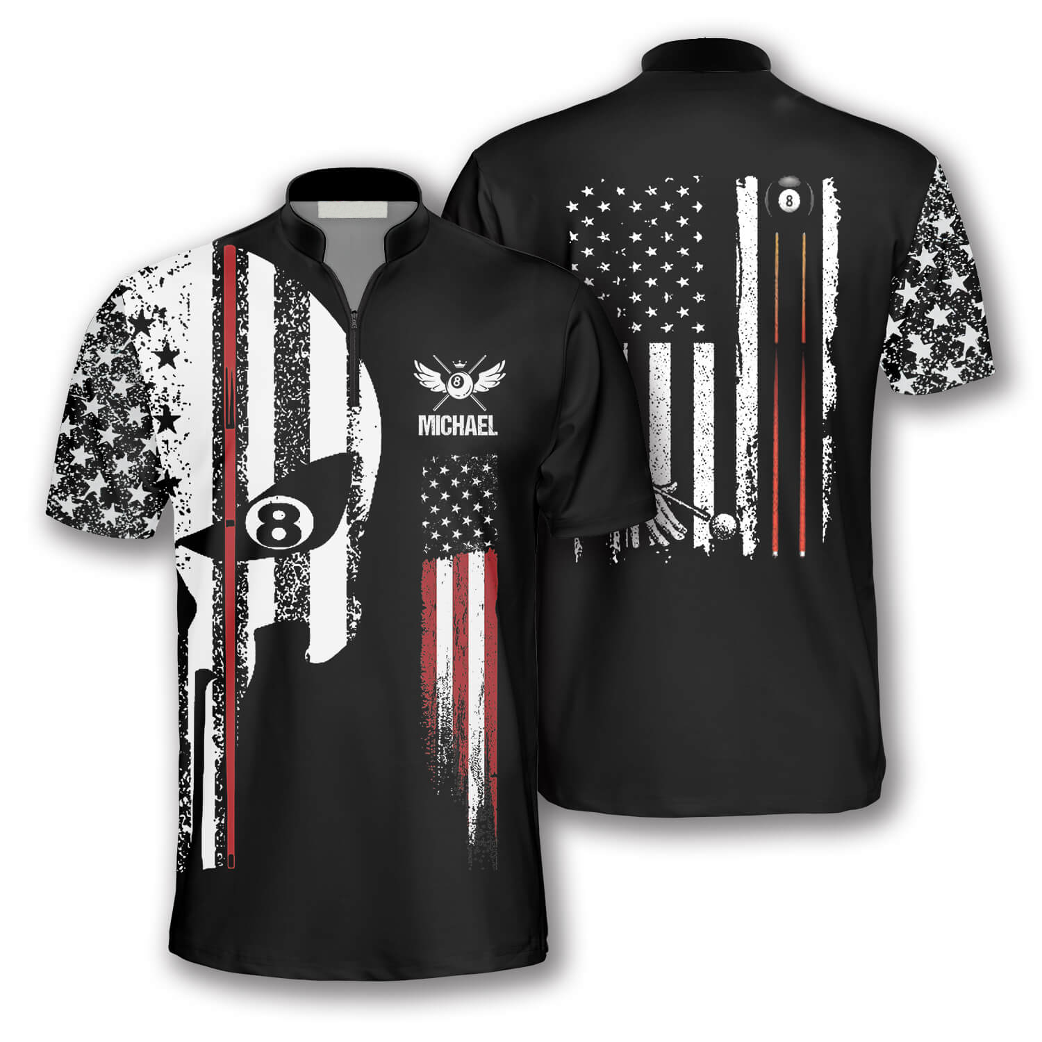 Punisher Skull Flag Custom Billiard Jerseys for Men/ Flag USA Billiard Shirt/ Skull Shirt