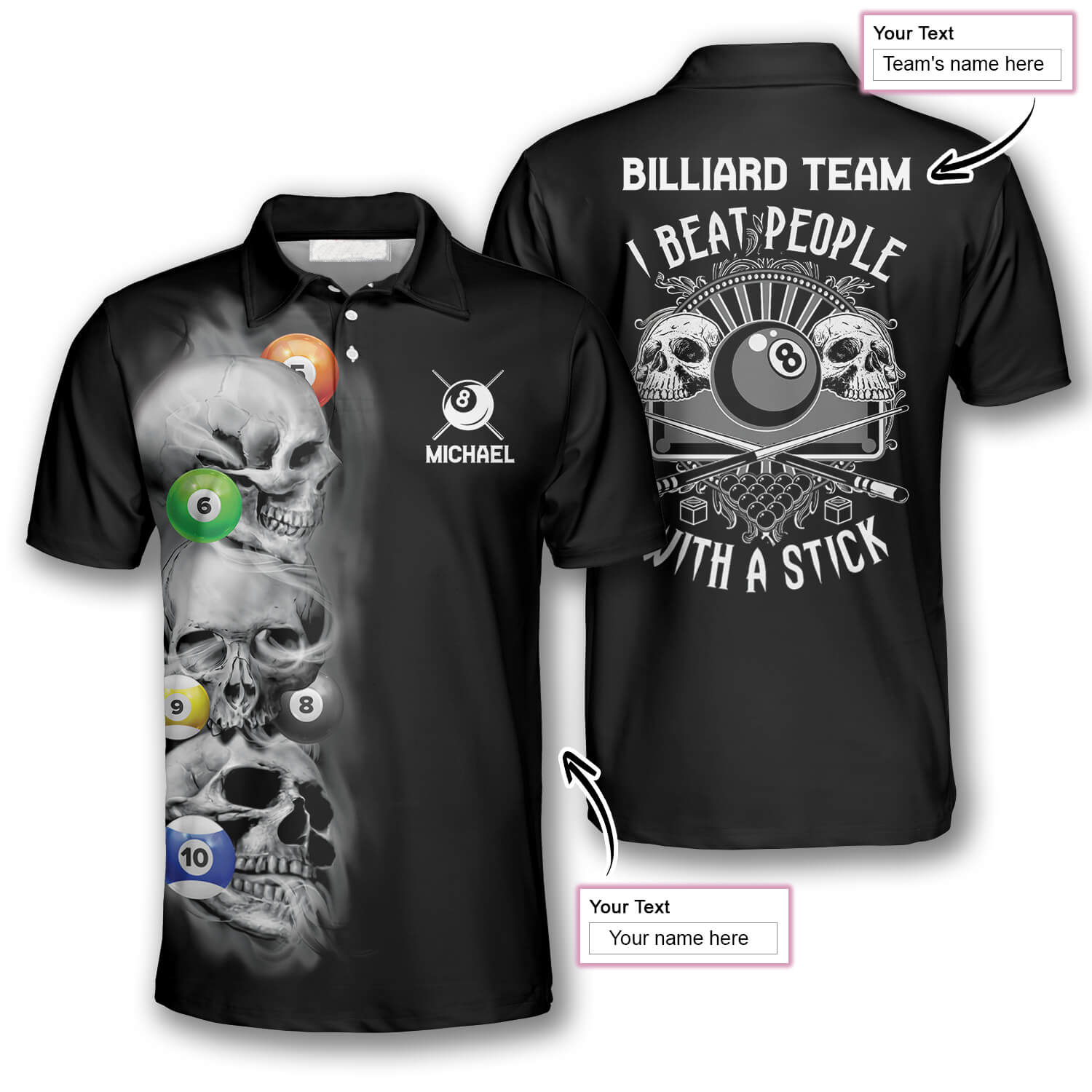 3D All Over Print Skull Addicted Custom Billiard Polo Shirts for Men/ Skull 3D Shirt