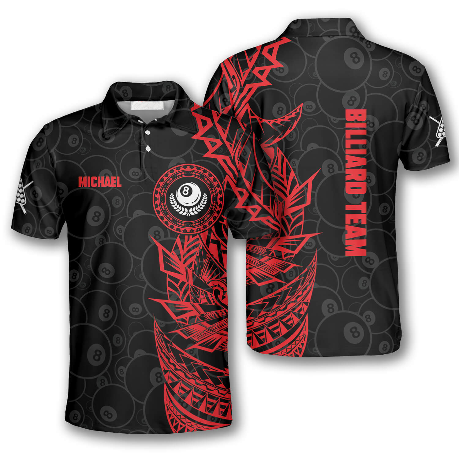 3D All Over Print Red Black Tribal Custom Billiard Polo Shirts for Men/ Billiard Team Uniform