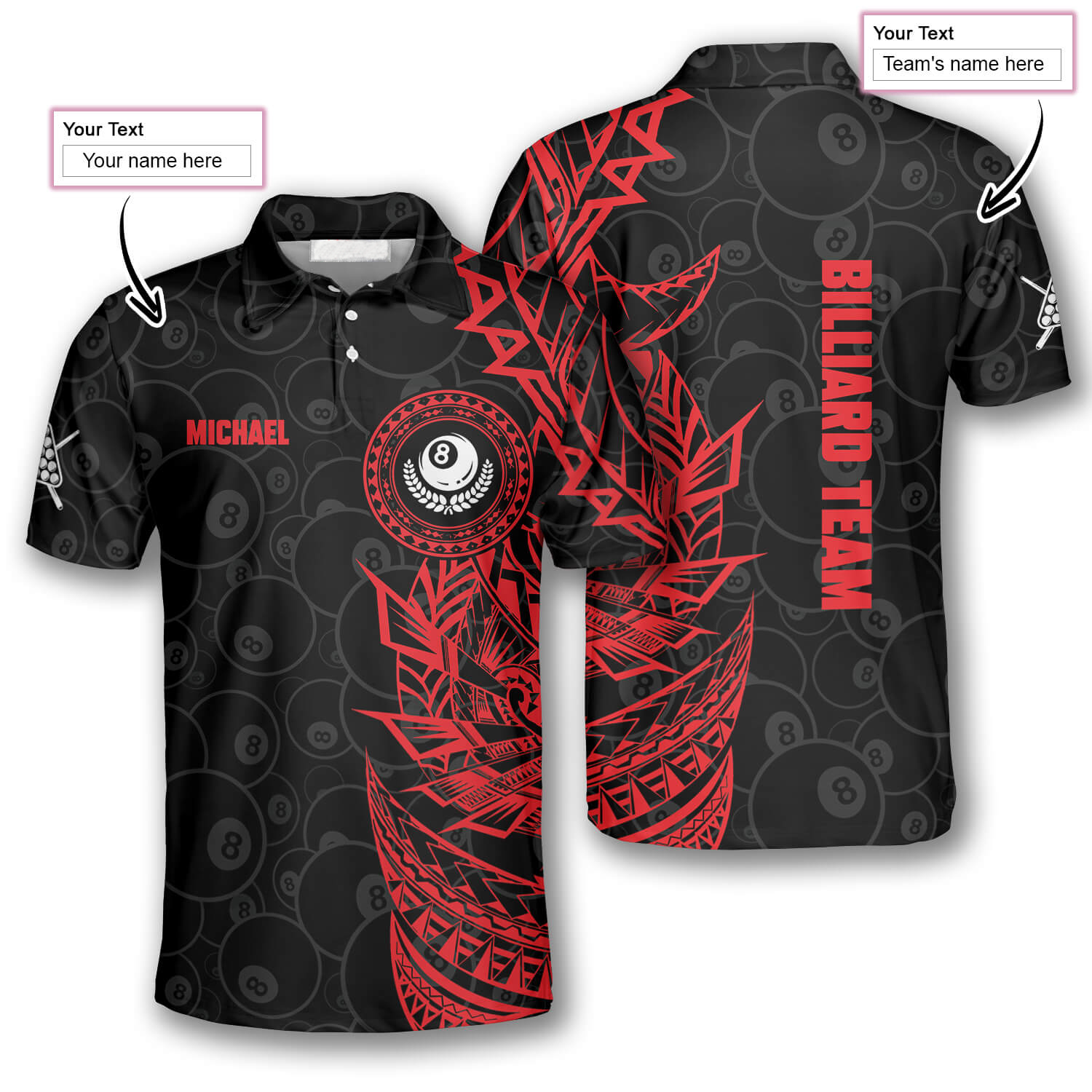 3D All Over Print Red Black Tribal Custom Billiard Polo Shirts for Men/ Billiard Team Uniform
