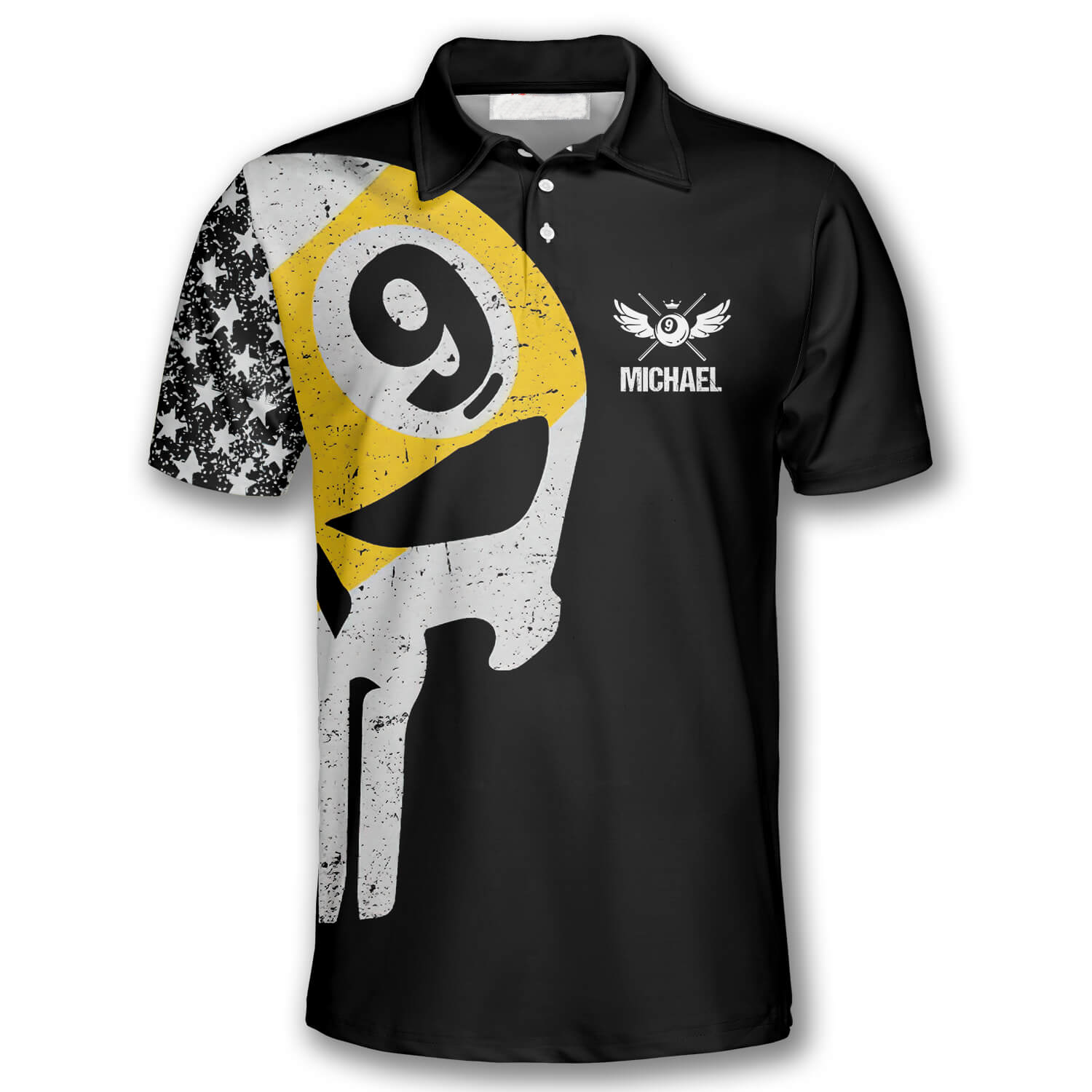 Billiard 9 Ball Skull American Flag Pattern Custom Billiard Polo Shirts for Men/ Billiard Shirt Team