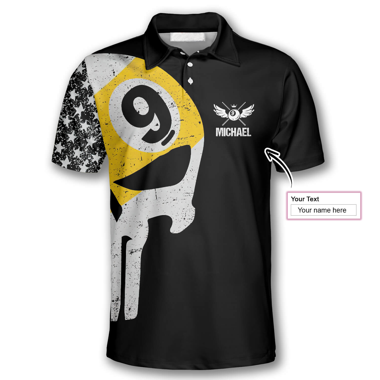 Billiard 9 Ball Skull American Flag Pattern Custom Billiard Polo Shirts for Men/ Billiard Shirt Team