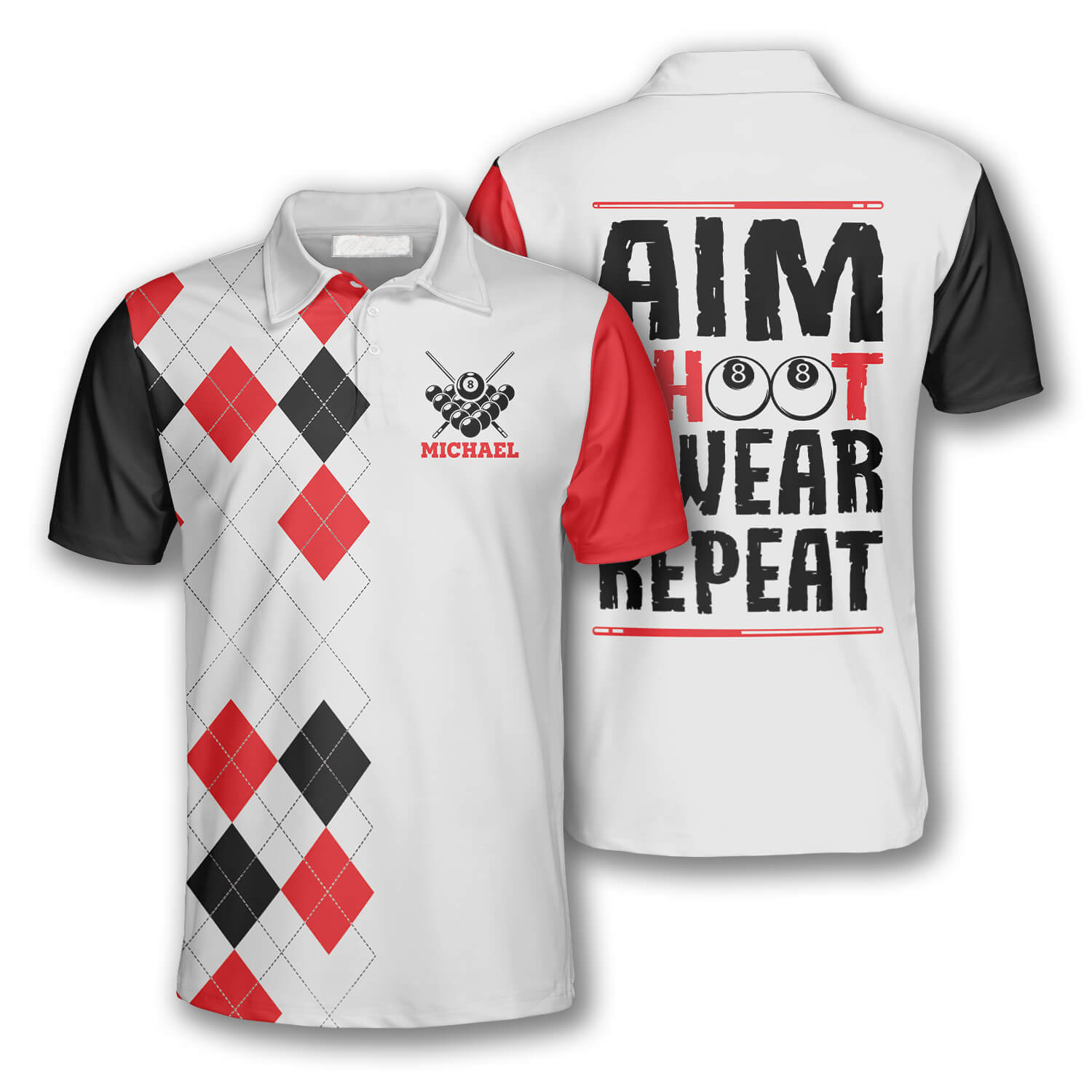 Billiards Aim Shoot Swear Repeat Custom Billiard Shirts for Men/ Custom Billiard Shirts for Team/ Men''s Billiard Polo Shirts