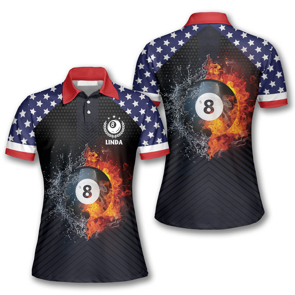 Billiards Fire Flame American Flag Custom Billiard Shirts for Women/ US Flag Pattern Polo Shirt