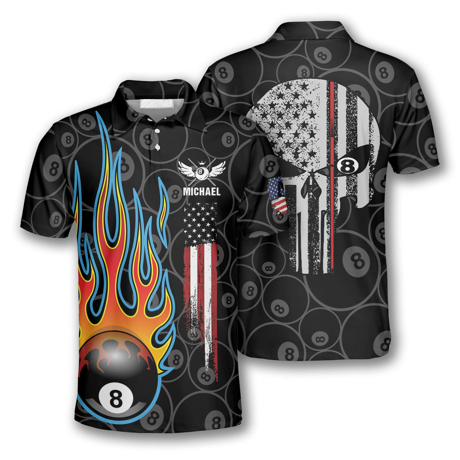 Billiards Pool Flame 8 Ball USA Flag Custom Billiard Shirts for Men