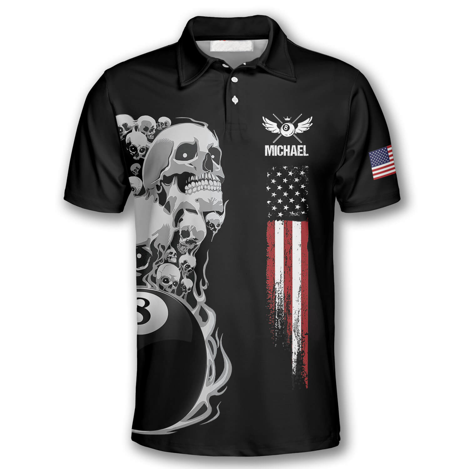 Billiards Skull American Flag Patriotic Custom Billiard Shirts for Men/ Flag Shirt/ Billiard Polo Shirt
