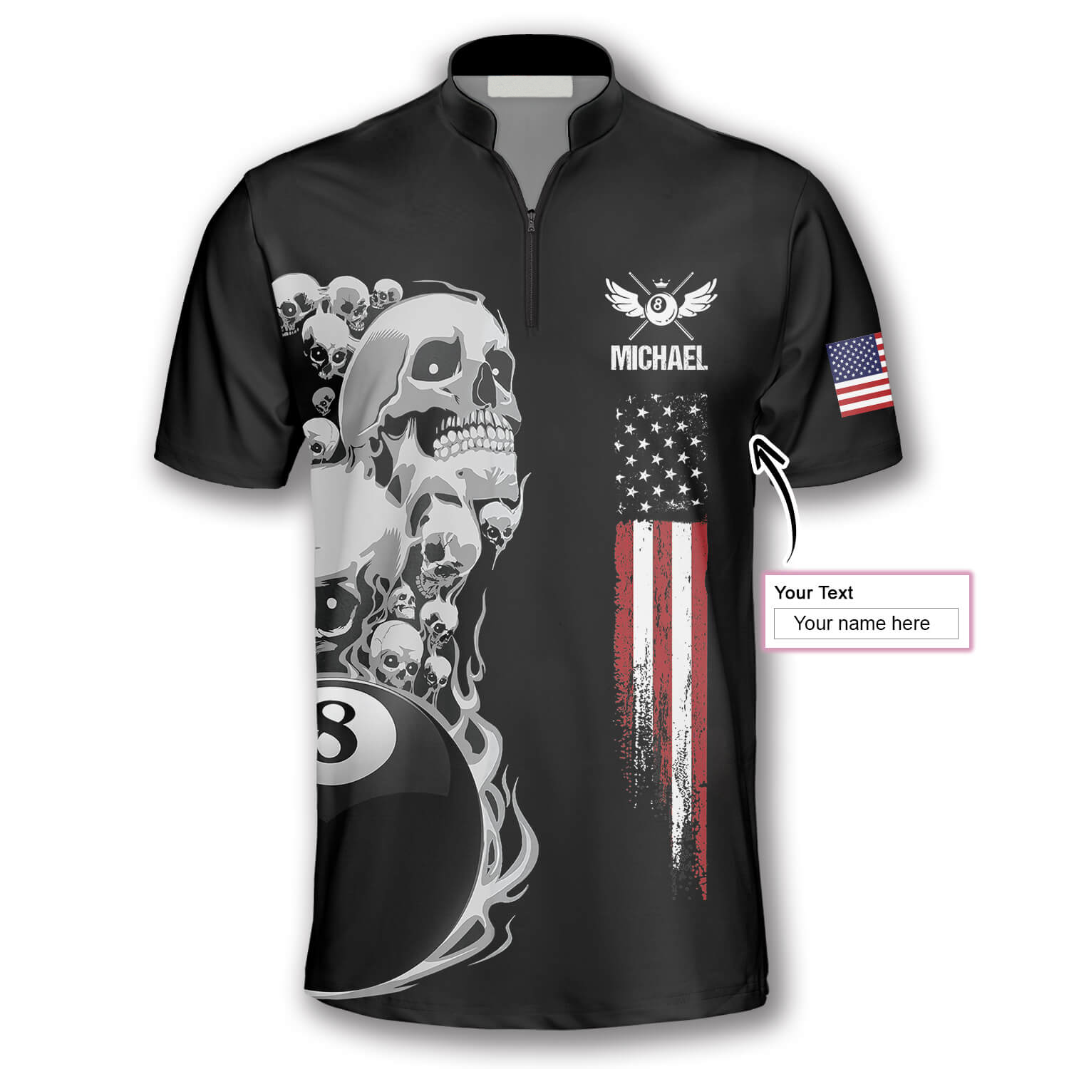 Skull Flag In Black Custom Billiard Jerseys for Men/ Idea Shirt for Billiard Player/ Skull Shirt