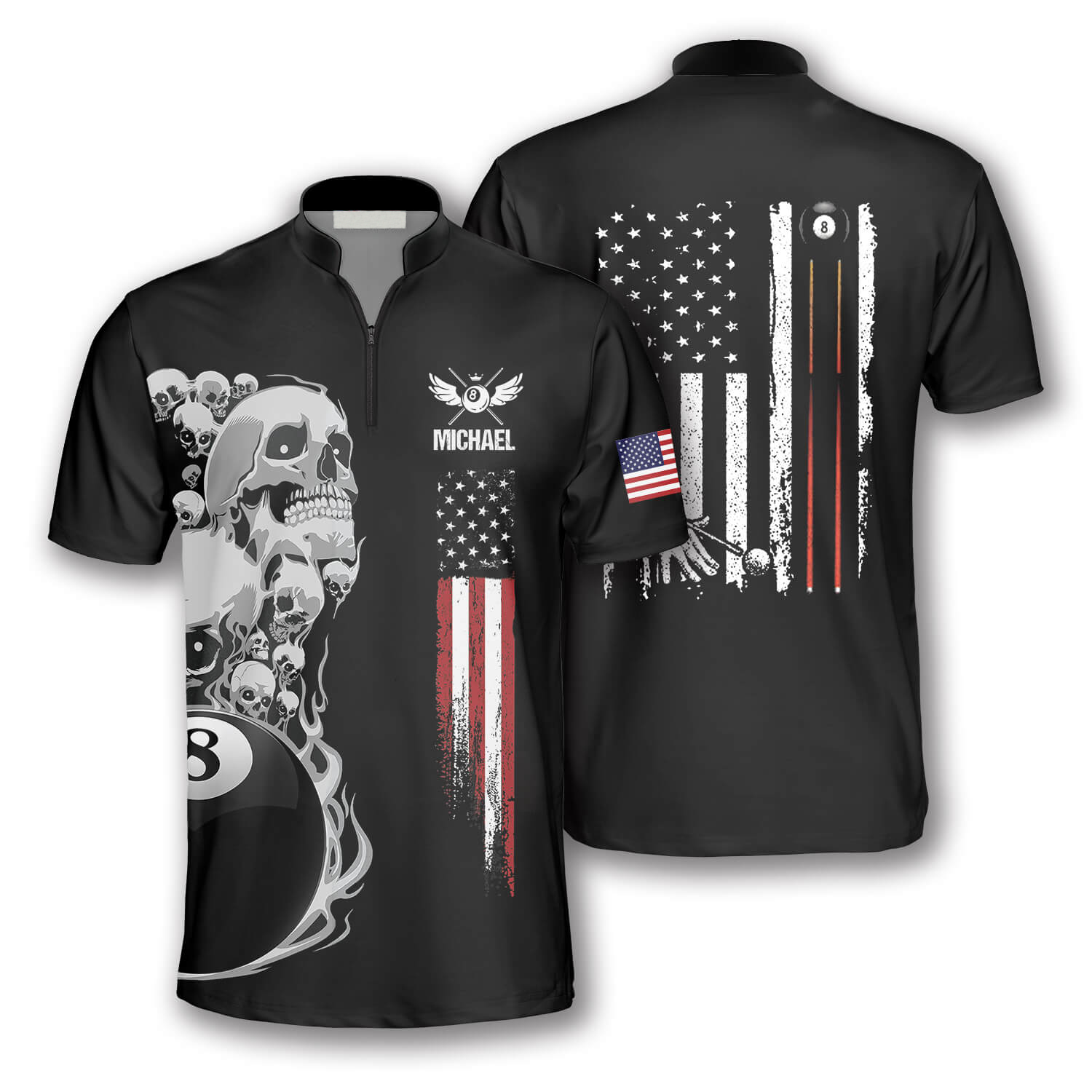 Skull Flag In Black Custom Billiard Jerseys for Men/ Idea Shirt for Billiard Player/ Skull Shirt