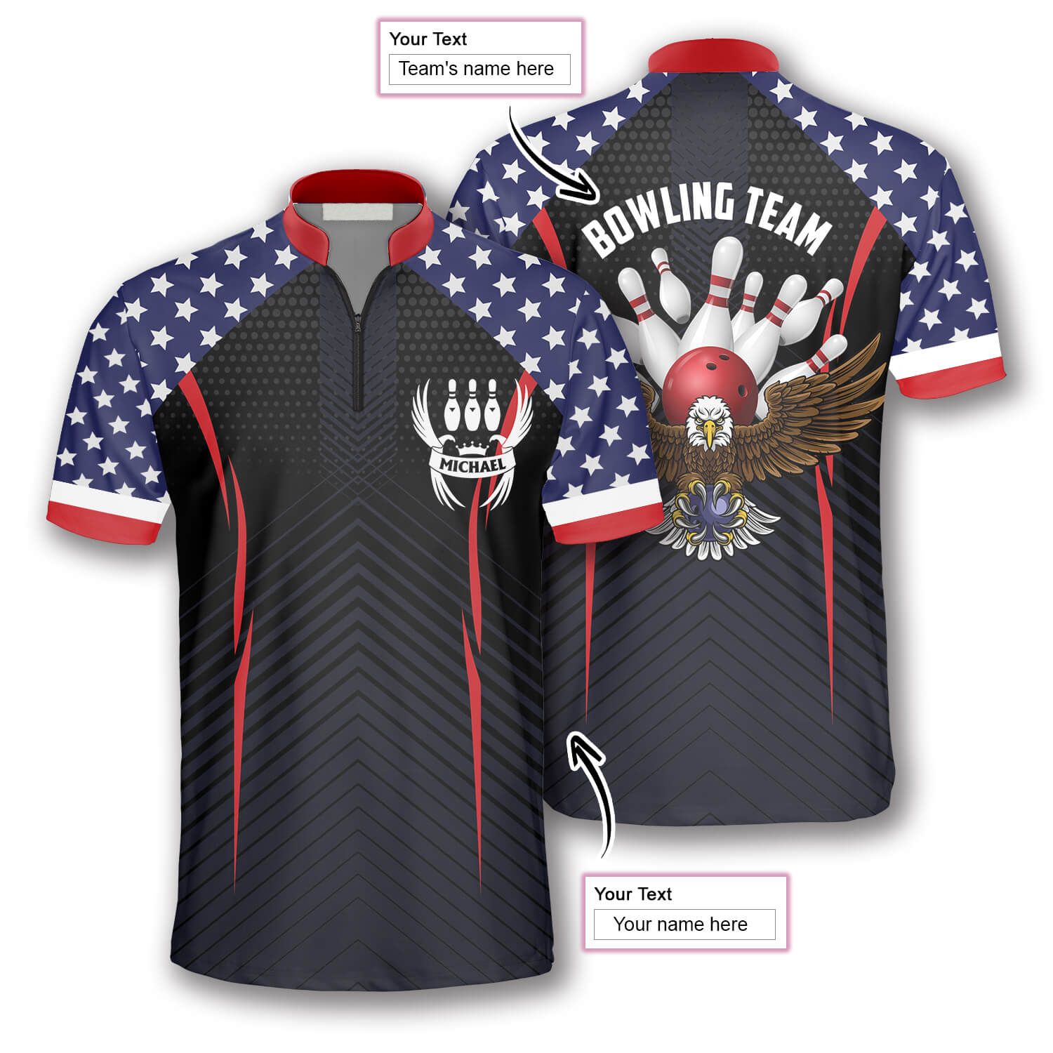 Patriotic Eagle American Flag Custom Bowling Jerseys for Men/ Uniform Shirt for Bowling Team/ Flag Shirt