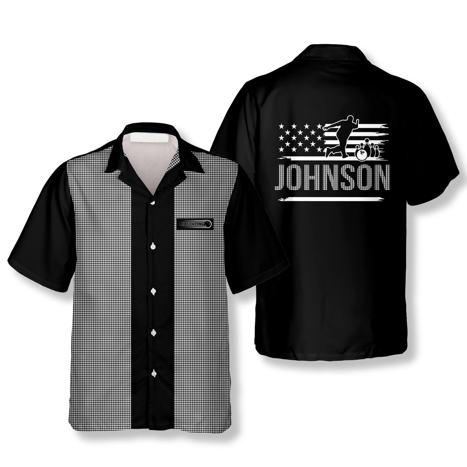 Gingham Print Custom Bowling Hawaiian Shirt/ Personalized Name Flag Bowling Shirt