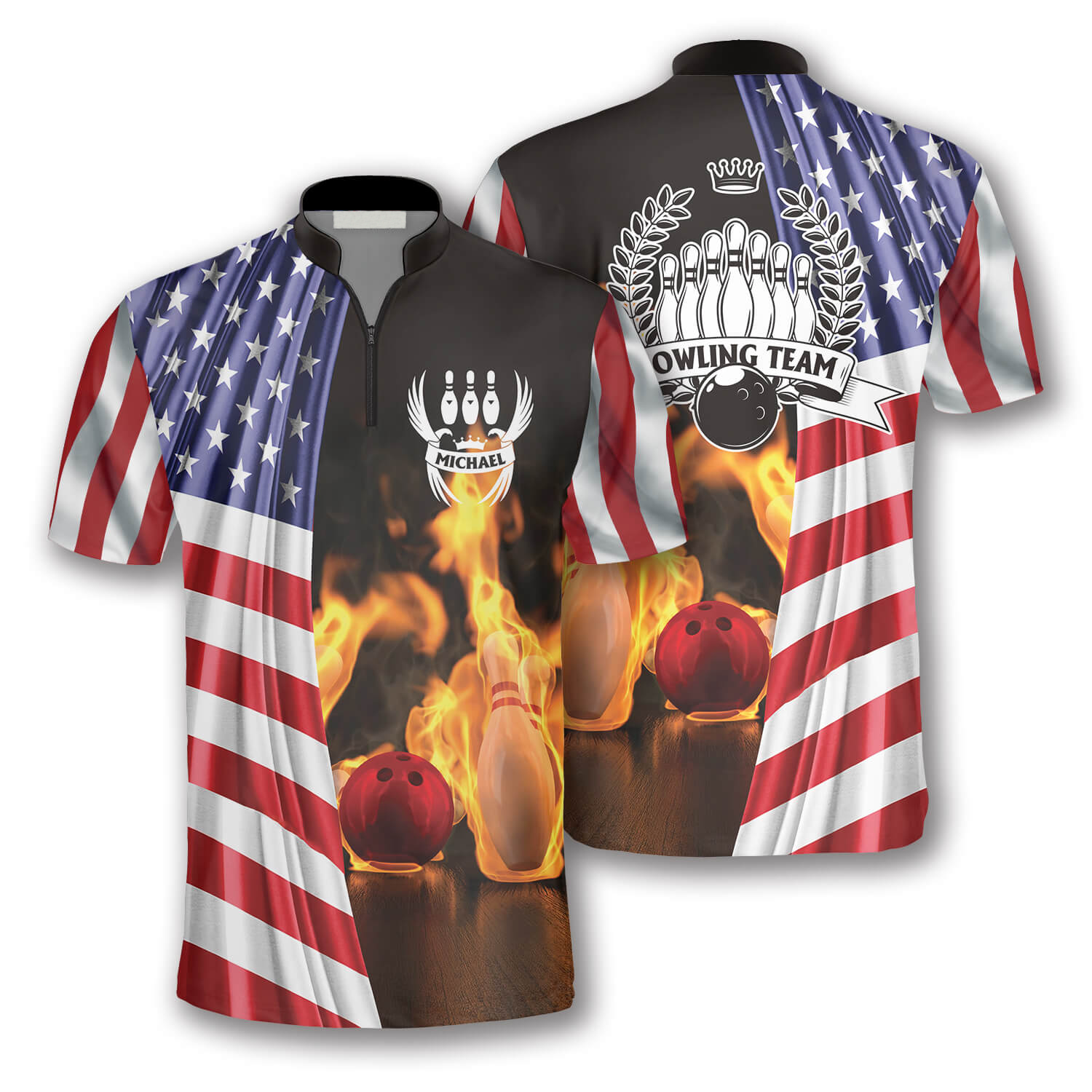 On Fire US Flag Custom Bowling Jerseys for Men/ Flag American Bowling Shirt/ Flag Shirt