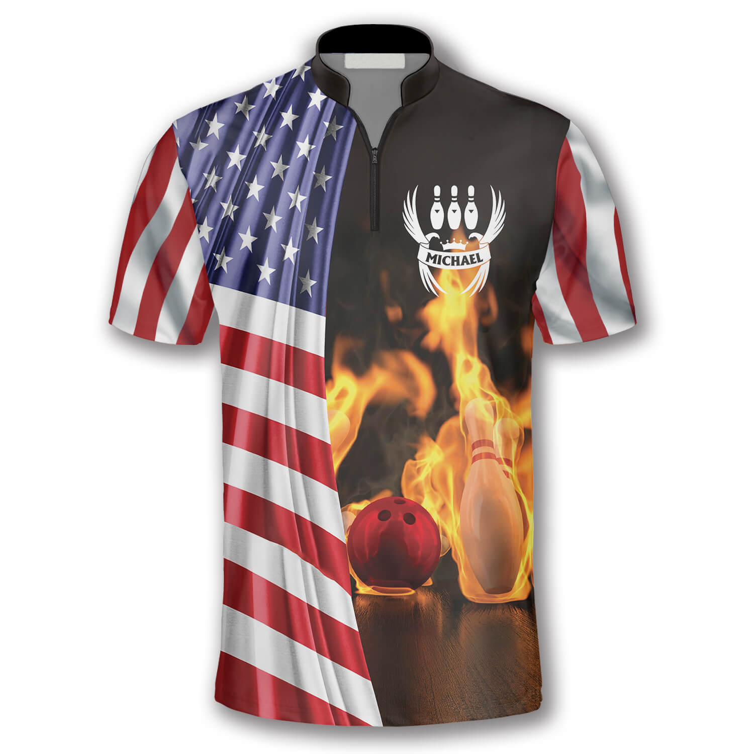 On Fire US Flag Custom Bowling Jerseys for Men/ Flag American Bowling Shirt/ Flag Shirt
