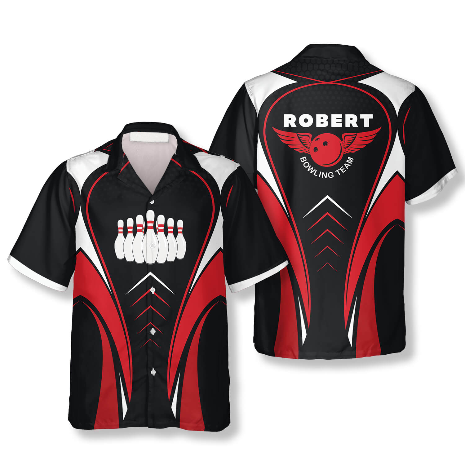 Bowling Pins Red Black Custom Bowling Hawaiian Shirt/ Personalized Bowling Hawaiian Shirt/ Gift for Bowler