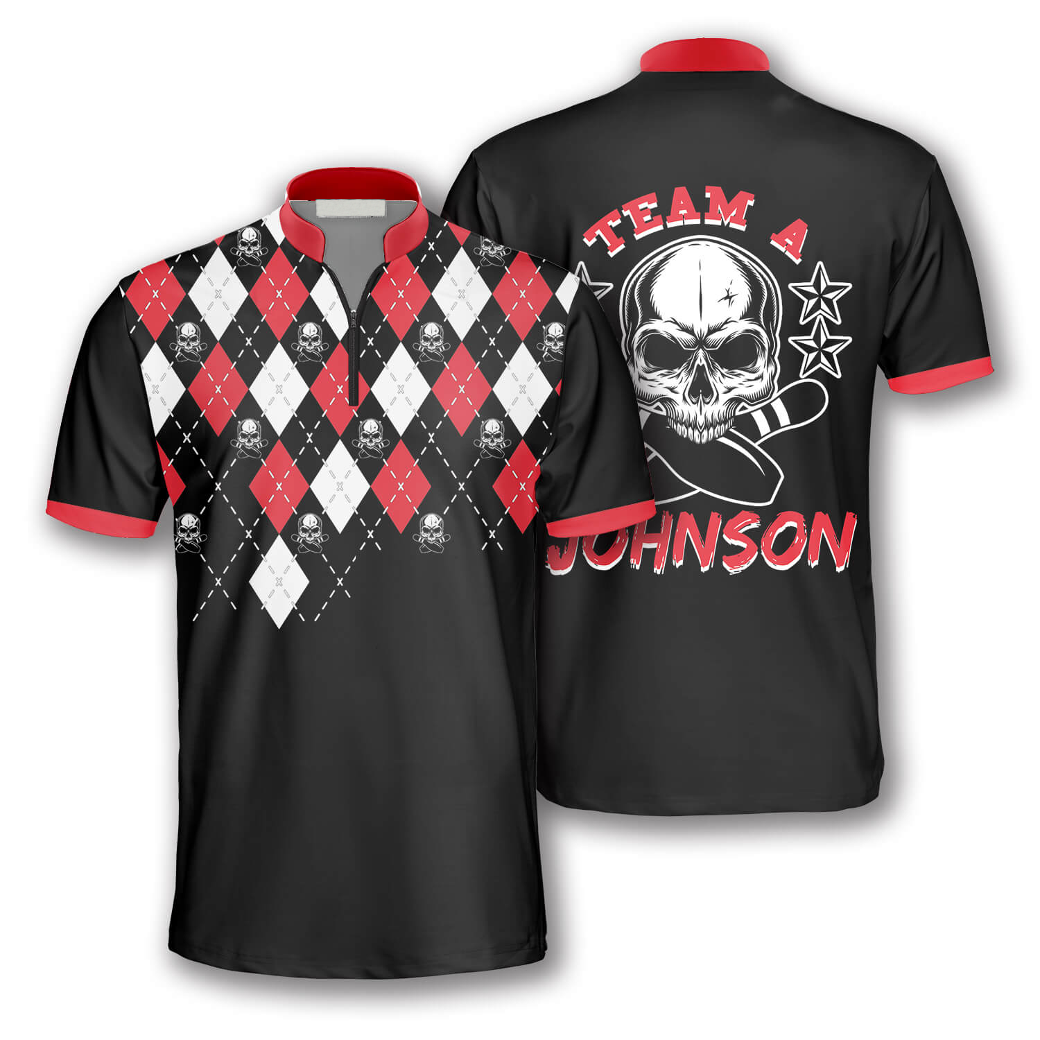Skull Red Argyle Pattern Custom Bowling Jerseys for Men/ Perfect Gift for Bowler/ Skull Bowling Shirt