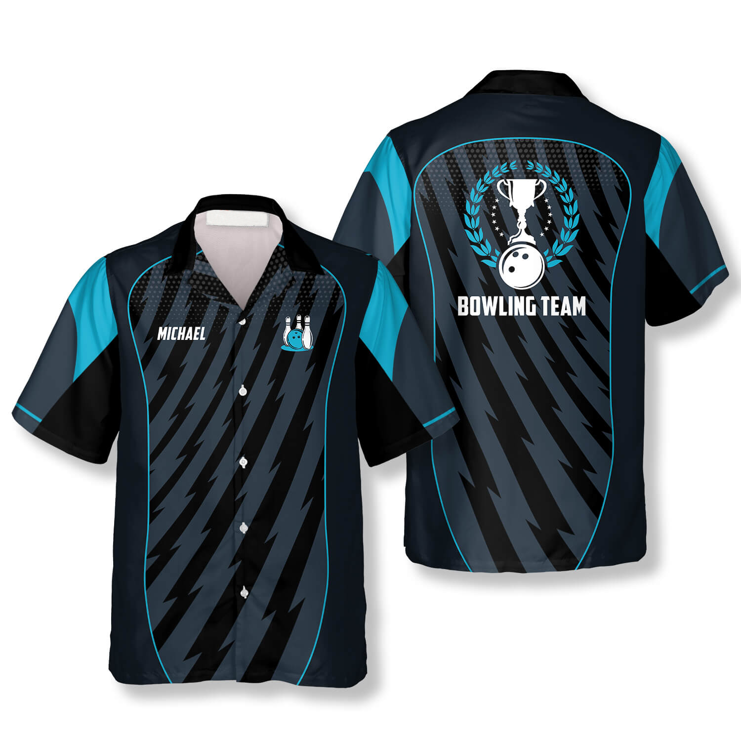 Blue Sports Style Trophy Emblem Custom Bowling Hawaiian Shirt/ Uniform Team Bowling Shirt