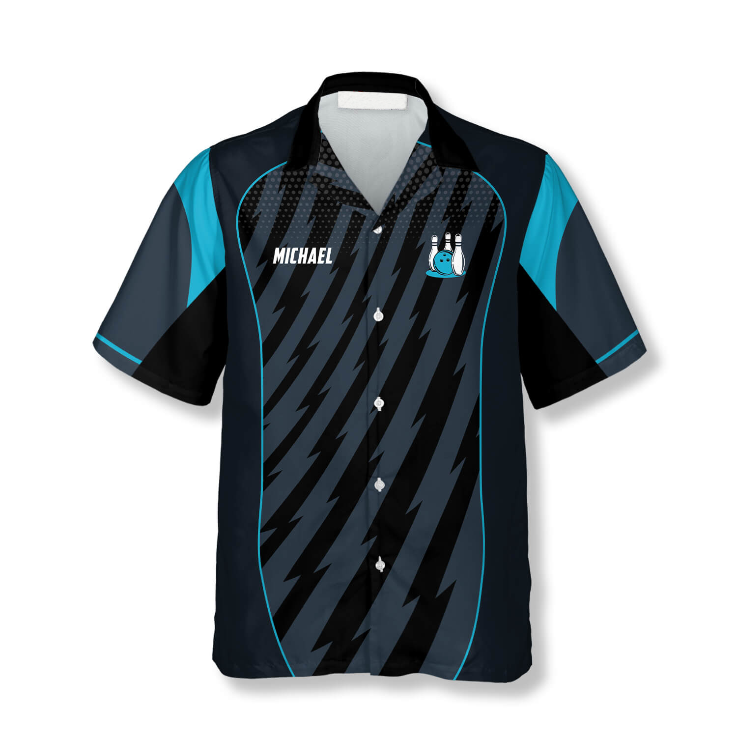 Blue Sports Style Trophy Emblem Custom Bowling Hawaiian Shirt/ Uniform Team Bowling Shirt