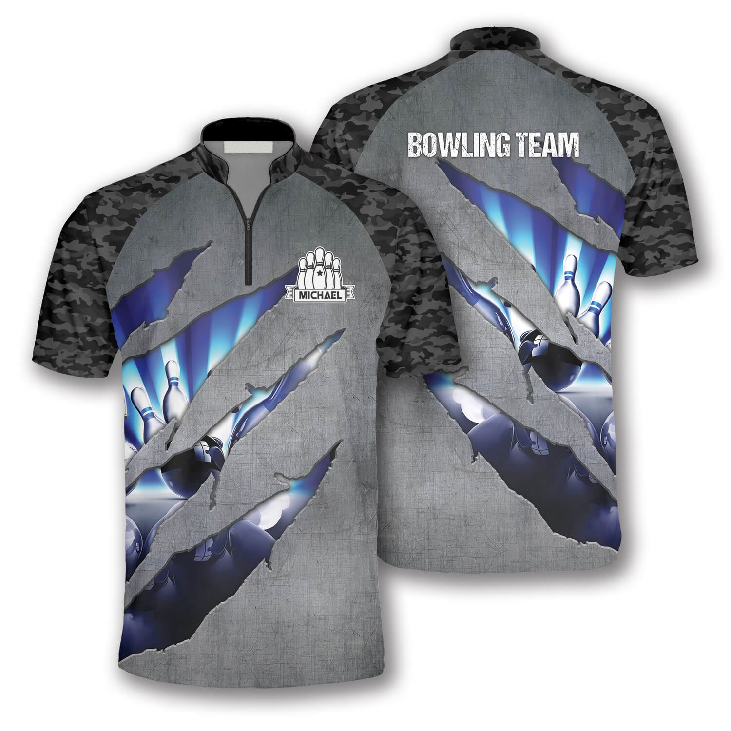 Camo Tiger Scratch Custom Bowling Jerseys for Men/ Personalized Name Bowling Shirt/ Camo Bowling Gift