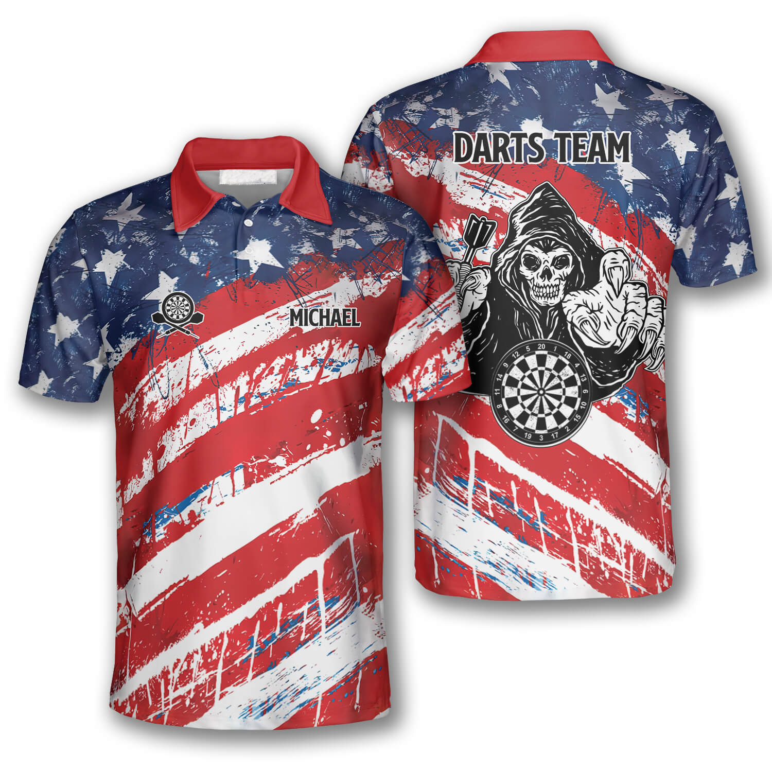 American Flag Water Color Custom Darts Polo Shirts for Men/ Dart Skull Shirt