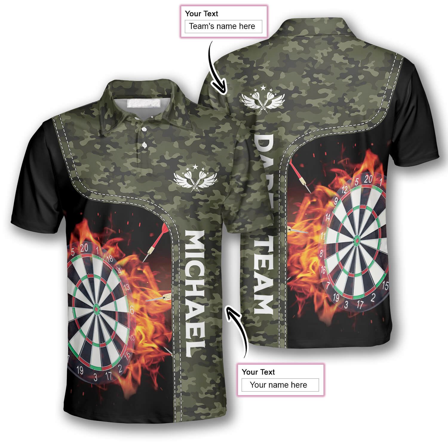 Camouflage Dart Board Fire Flame Custom Darts Shirts for Men/ Dart Shirt