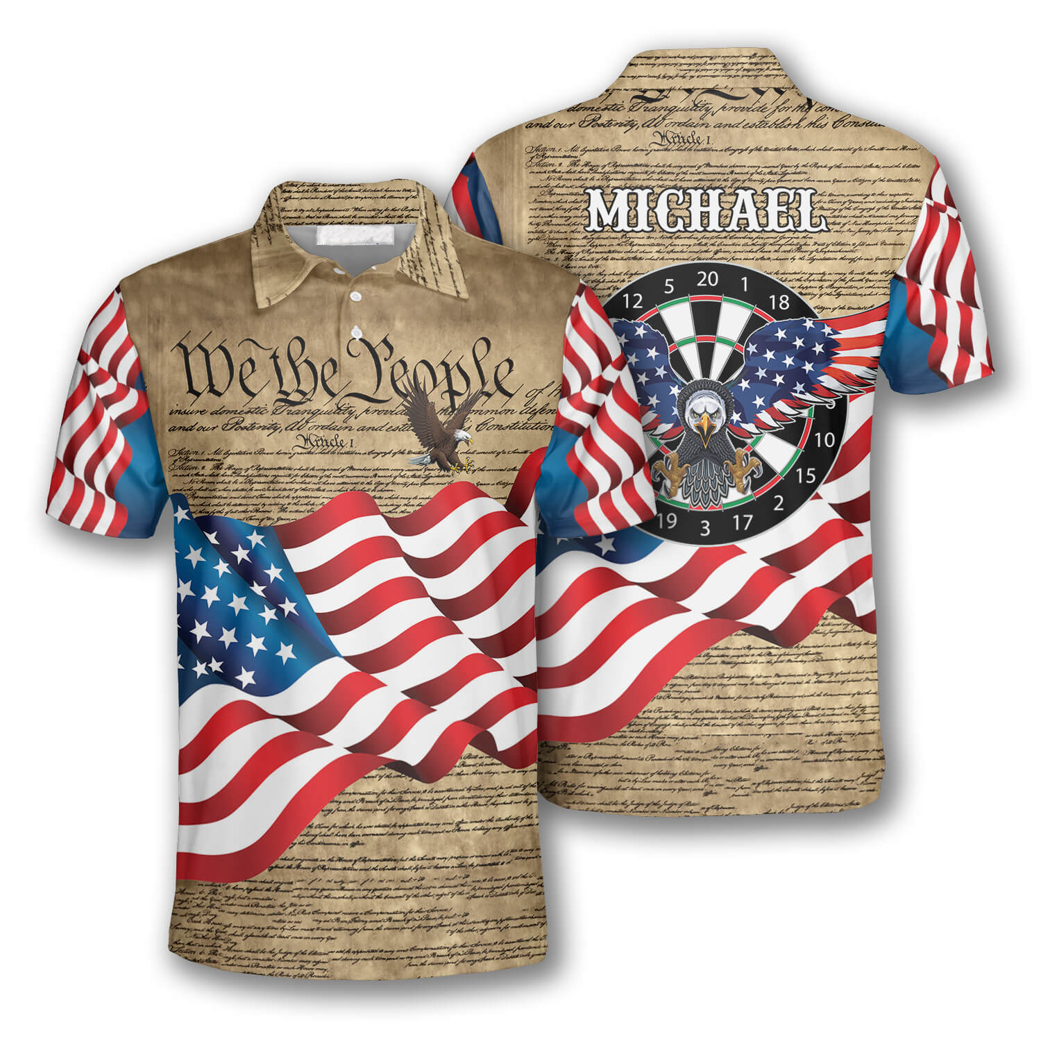 3D All Over Print Darts Eagle Waving Flag Custom Polo Shirts for Men