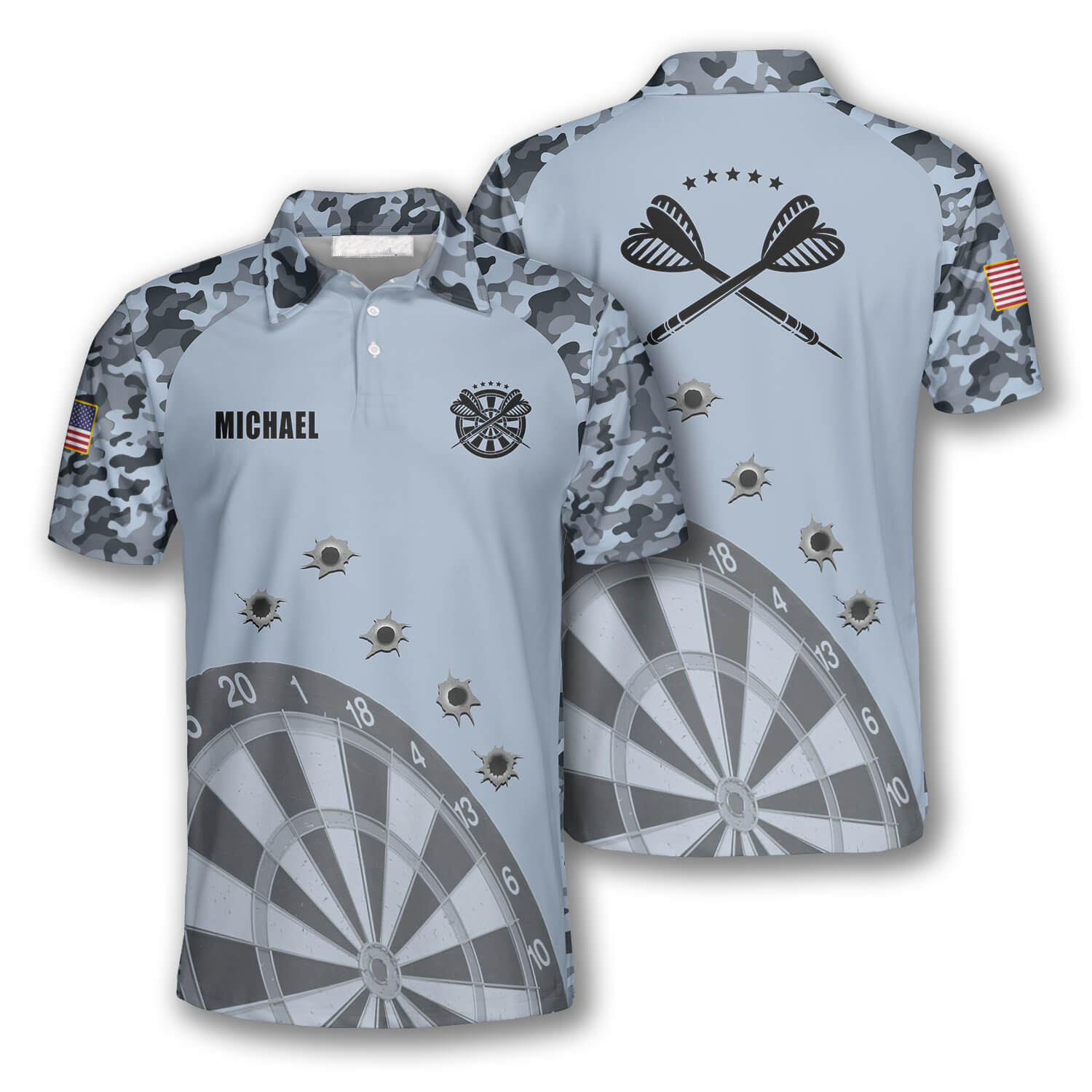 Darts Grey Camouflage Gun Holes Custom Polo Shirts for Men