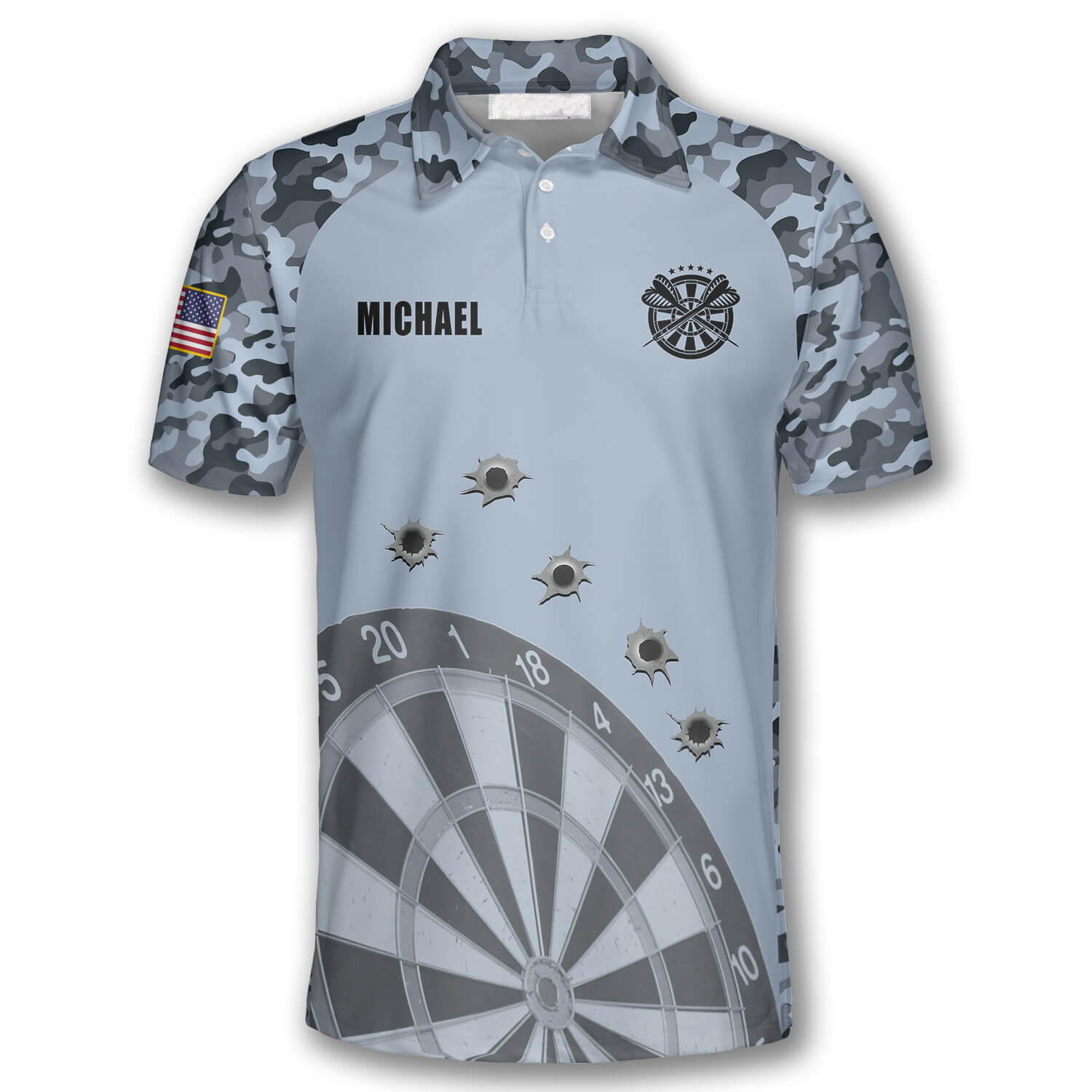 Darts Grey Camouflage Gun Holes Custom Polo Shirts for Men