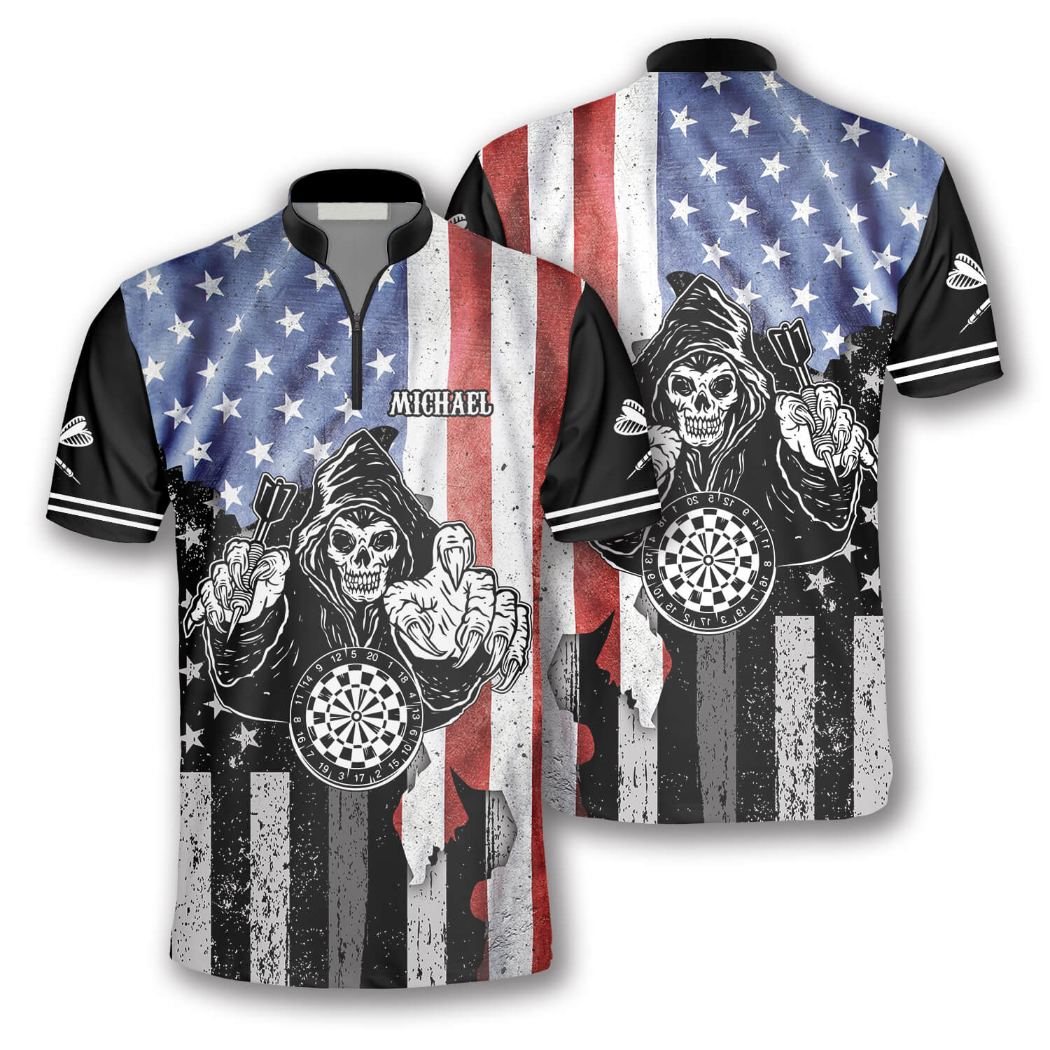 Grim Reaper American Flag Custom Darts Jerseys for Men/ 3D All Over Print Dart Shirt/ Skull Dart Shirt