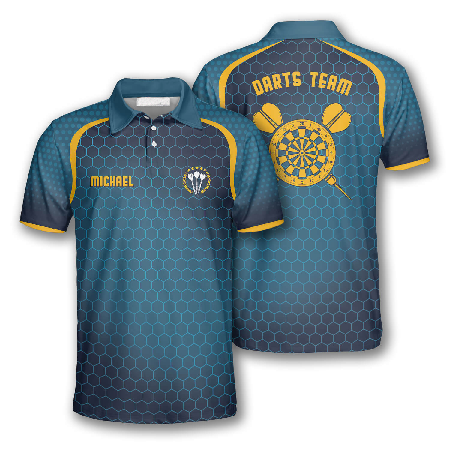 Darts Honeycomb Pattern Yellow Blue Custom Polo Shirts for Men