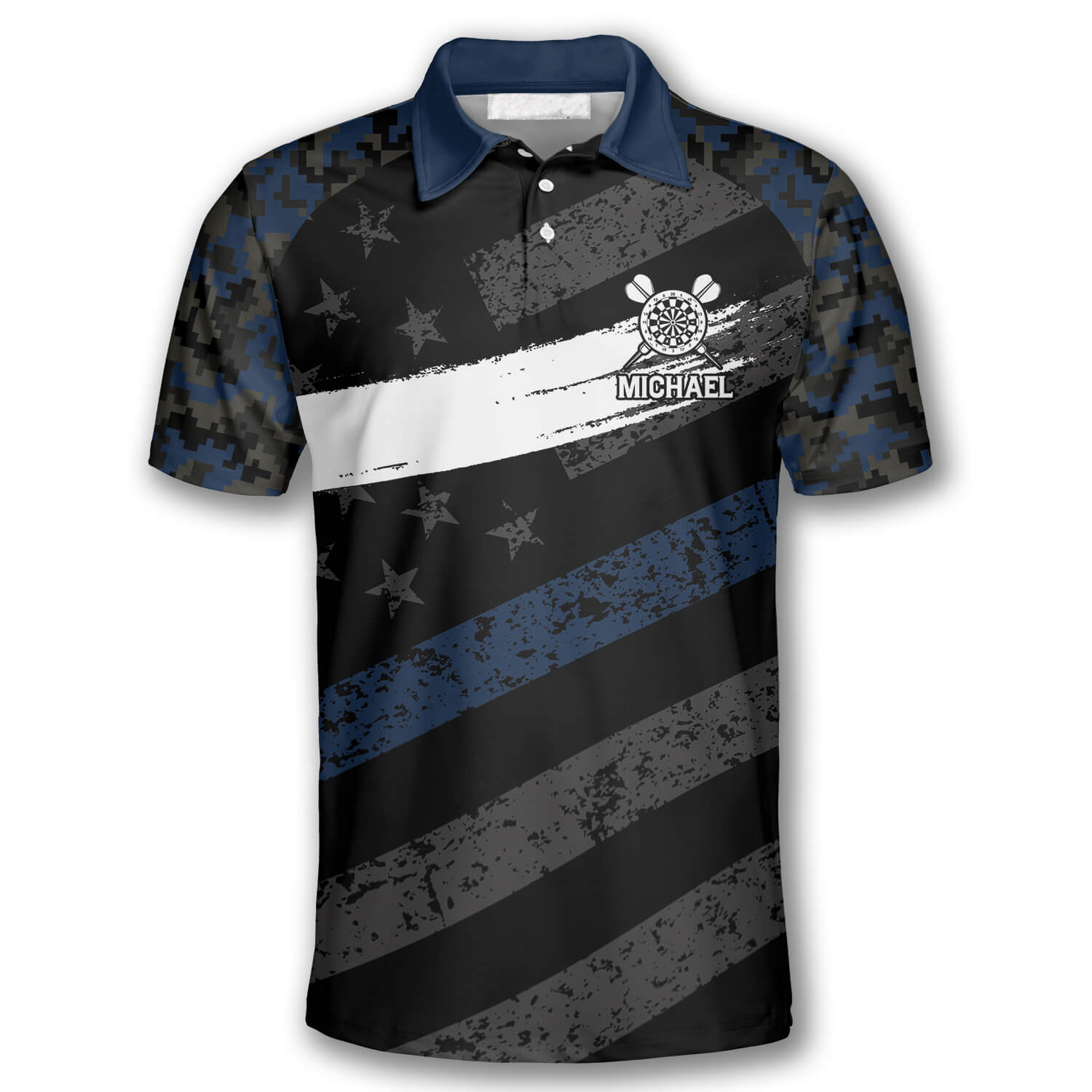 Passionate Blue Camo Custom Darts Shirts for Men/ Personalized American Flag Dart Polo Shirt