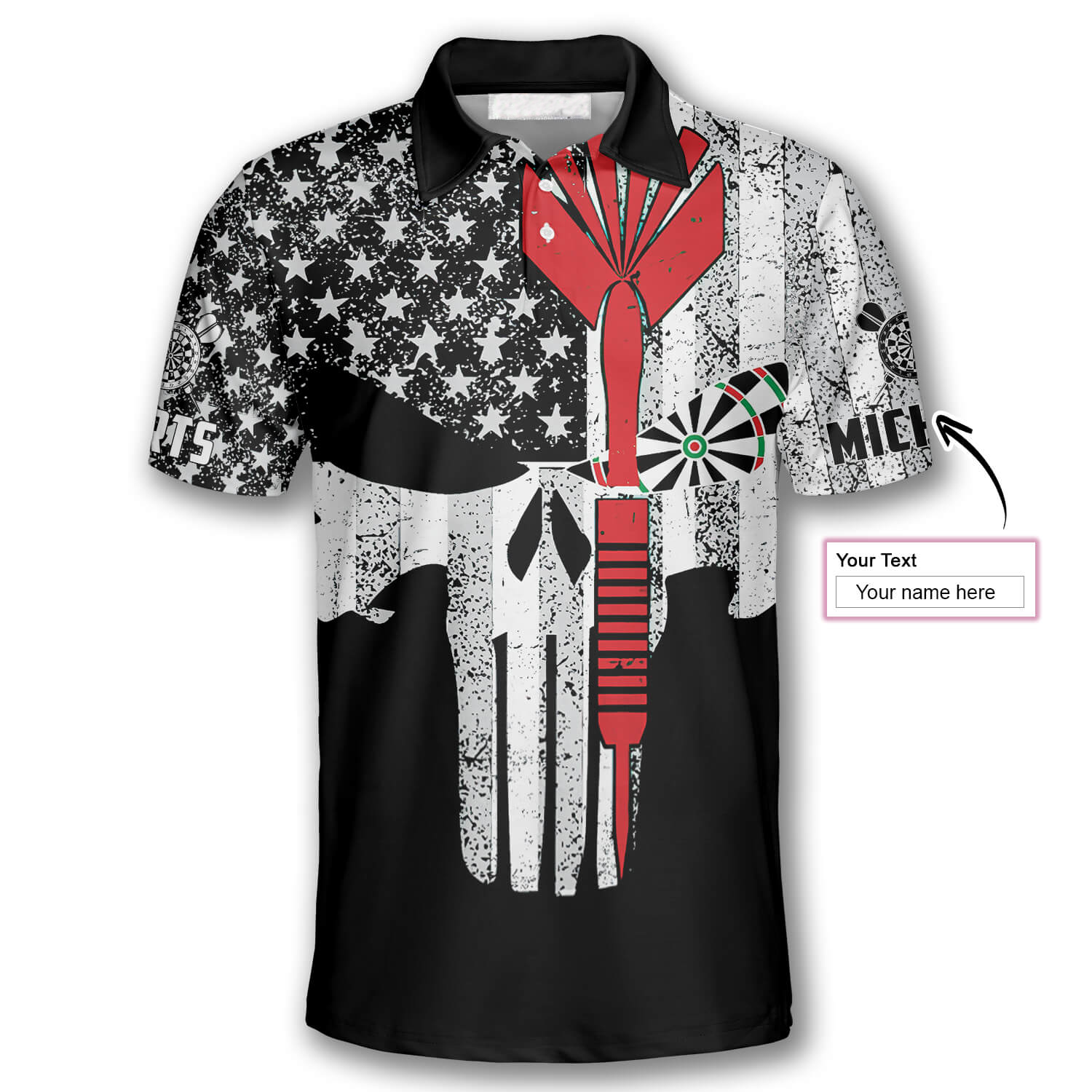 Darts Punisher Skull Custom Polo Shirts for Men/ Custom Name Dart Shirt