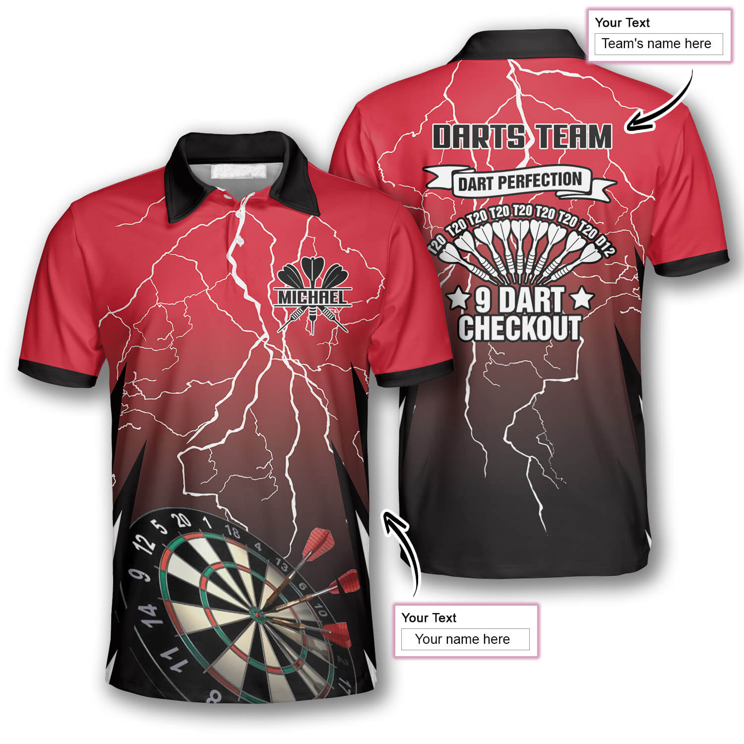 Red Lightning Custom Darts Shirts for Men/ Dart Perfection/ 9 Dart Checkout Shirt