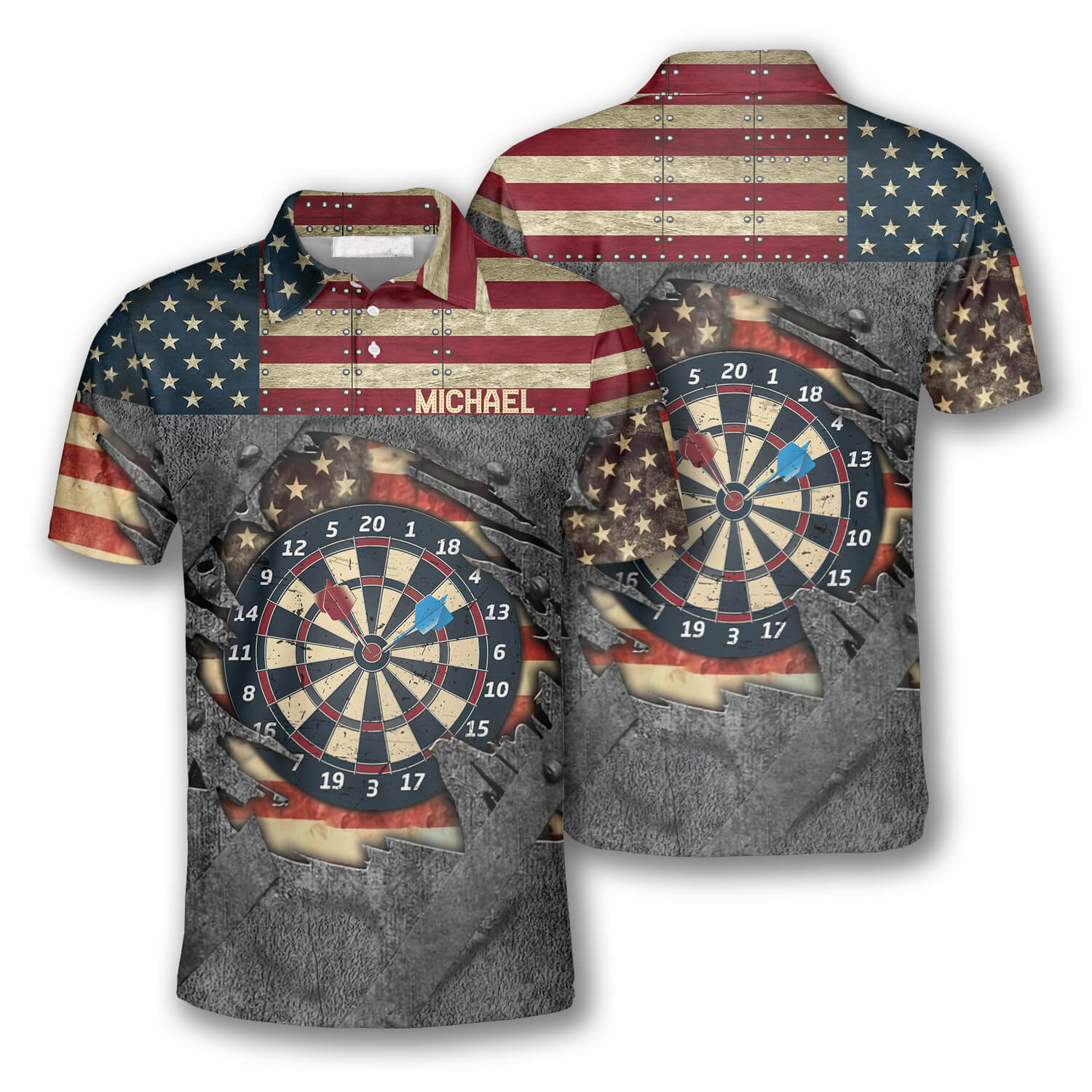 Personalized Custom Name Darts Retro American Flag Custom Polo Shirts for Men