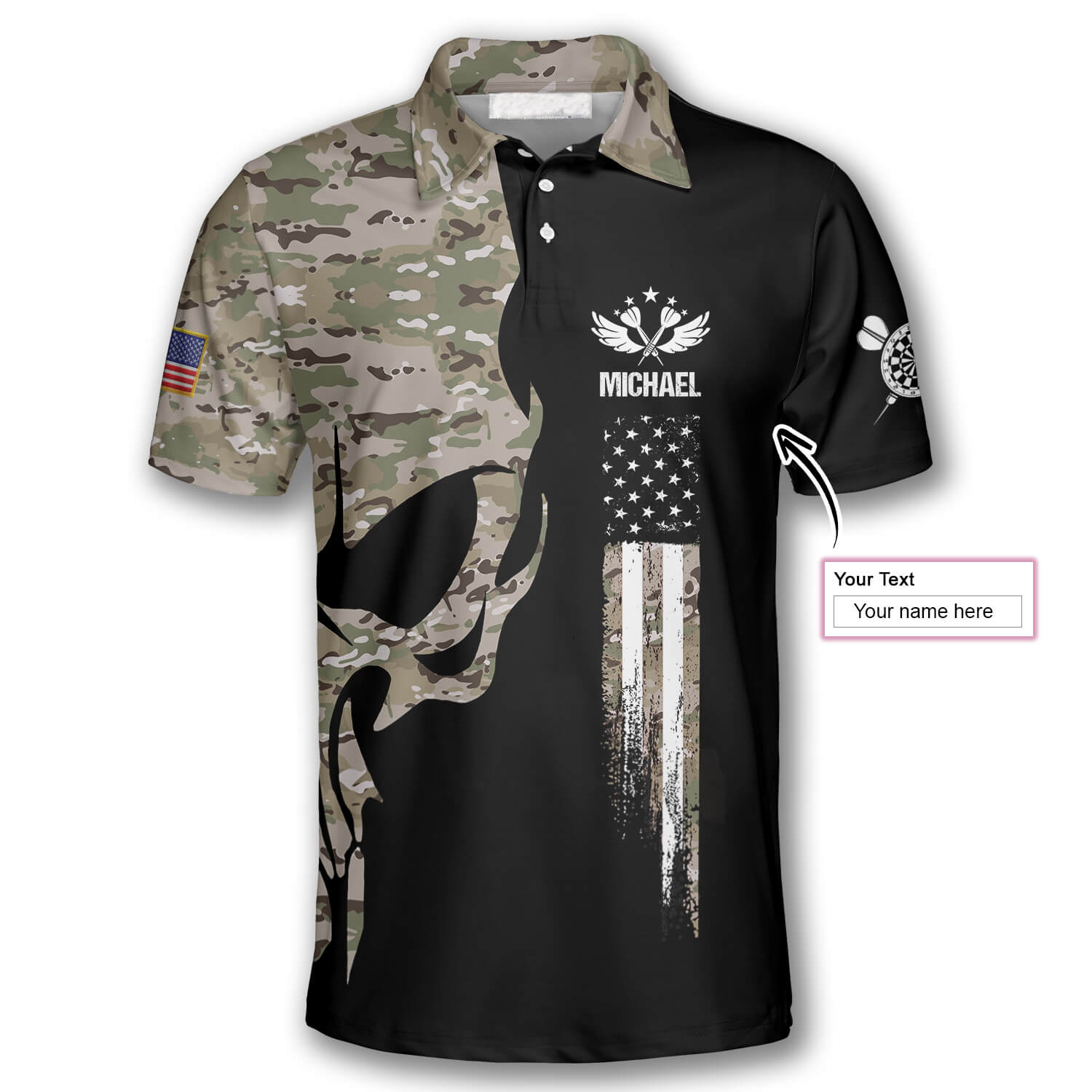 Personalized 3D All Over Print Darts Skull Army Flag Custom Polo Shirts for Men