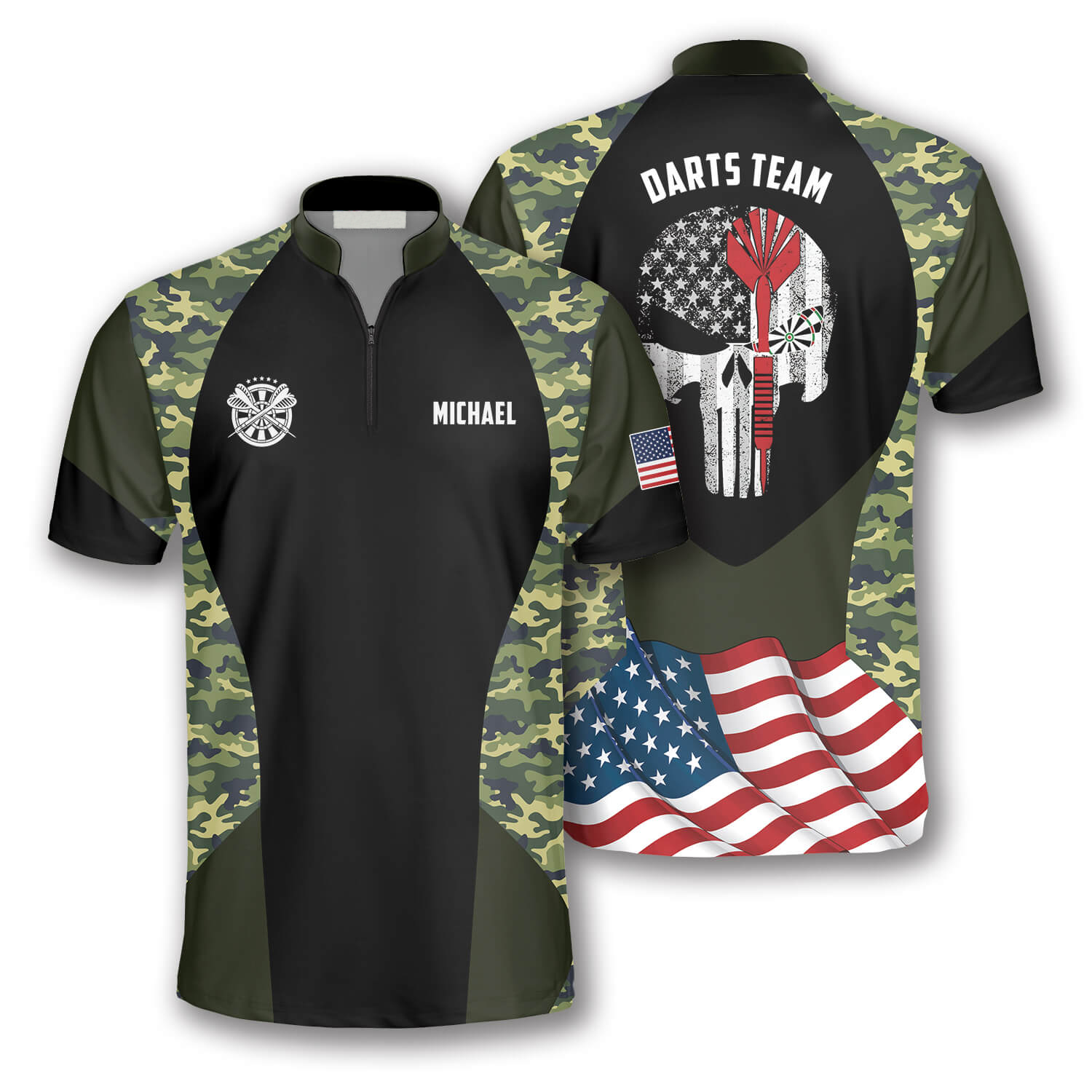 Skull Camouflage Waving Flag Custom Darts Jerseys for Men/ Red Dart Skull Shirt/ Jersey Shirt for Dart Player