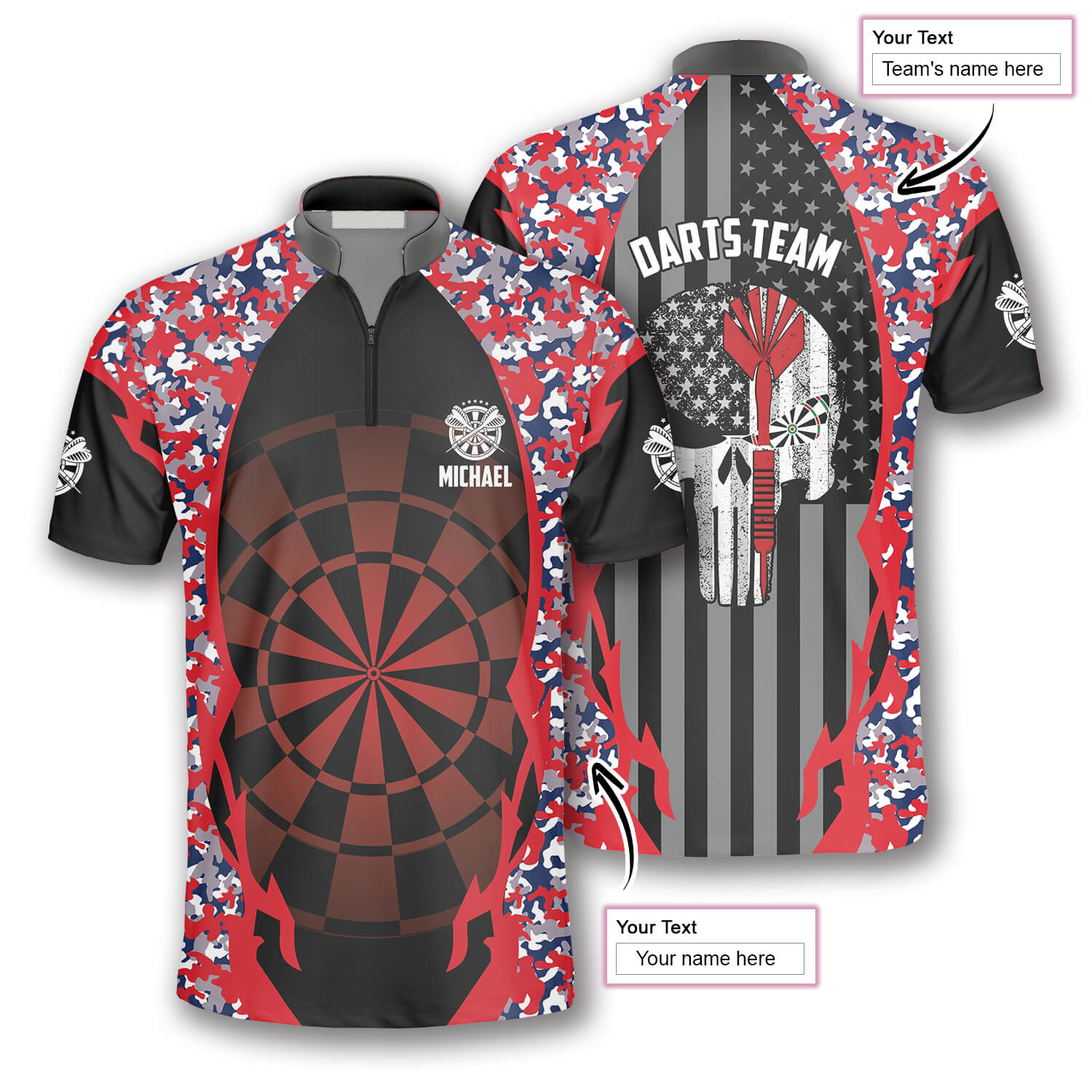 Punisher Skull Red Camouflage Custom Darts Jerseys for Men/ Idea Gift for Dart Player