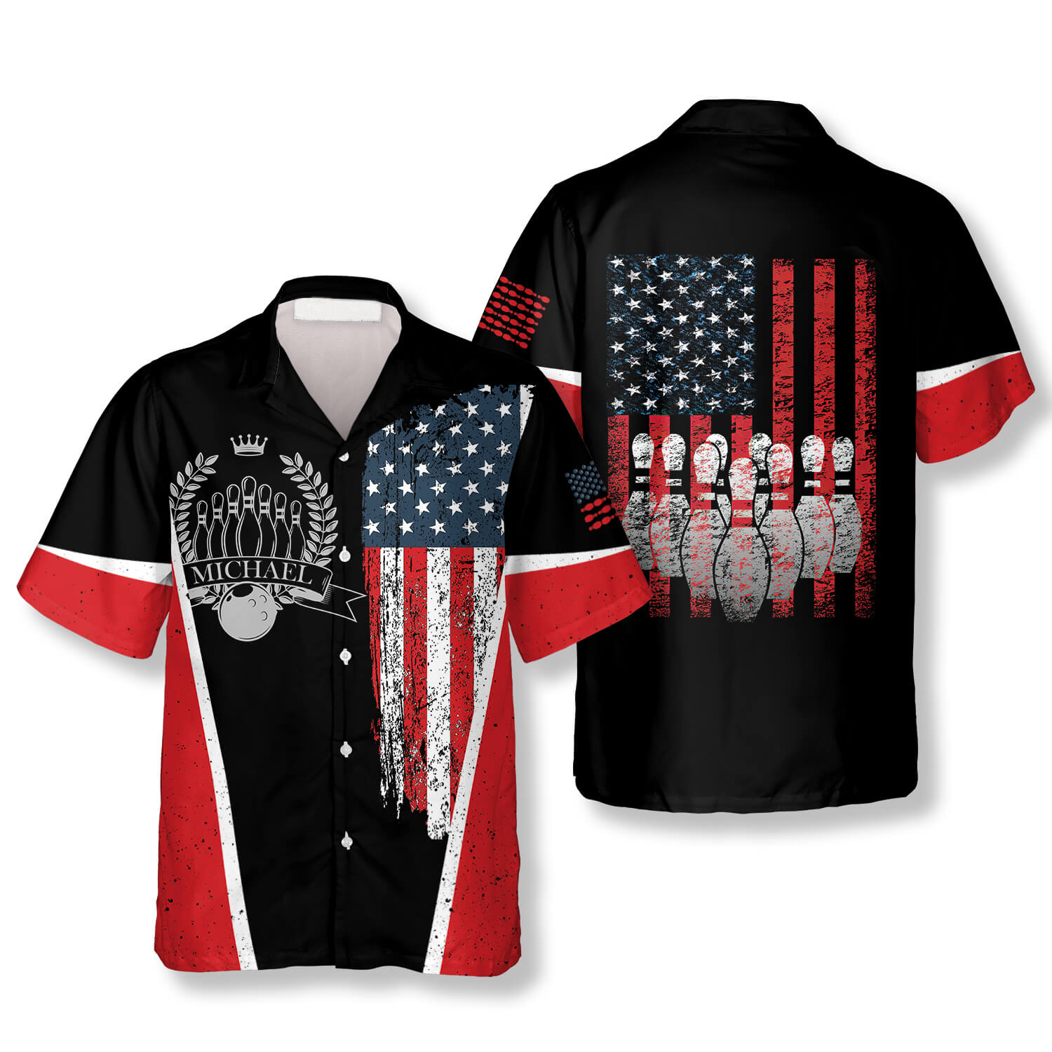 Vintage American Flag Emblem Custom Bowling Hawaiian Shirt/ Bowling Shirt/ Flag Shirt