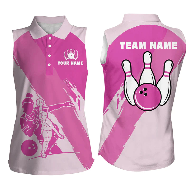 Personalized 3D bowling shirts for women/ Custom pink Sleeveless polo Bowling Shirt for Girls