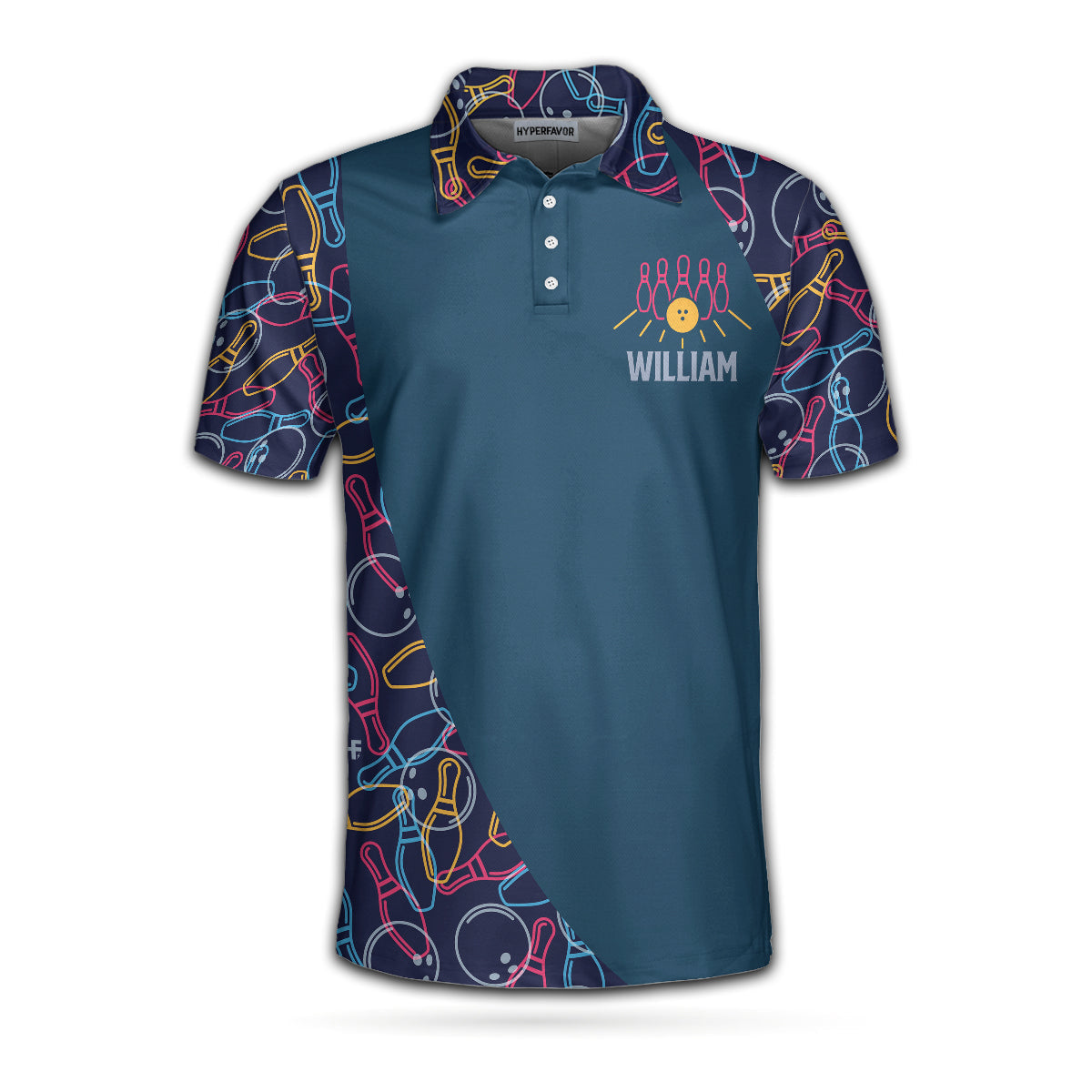 Personalized Bowling Ball Neon Pattern Custom Polo Shirt/ Blue Bowling Polo Shirt For Male Bowlers Coolspod