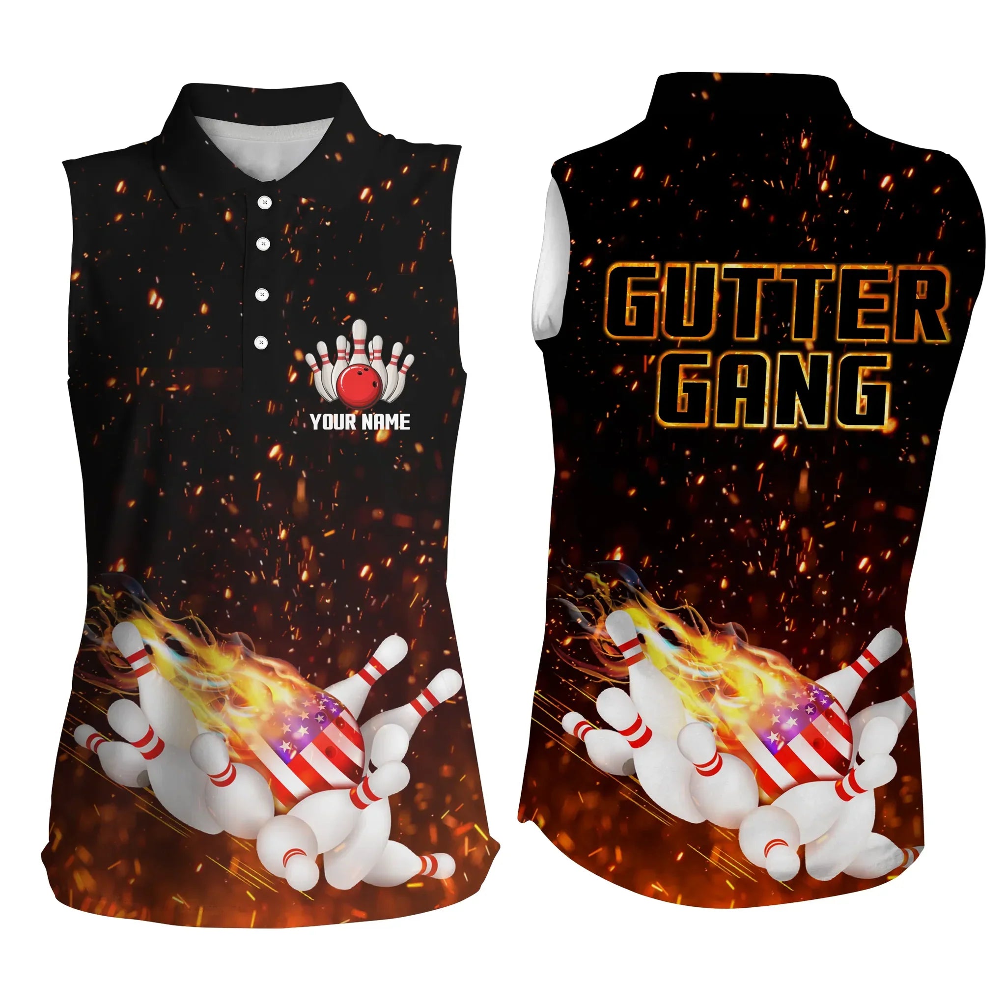 Personalized flame American flag Sleeveless polo bowling shirts for women/ Custom Gutter gang shirt