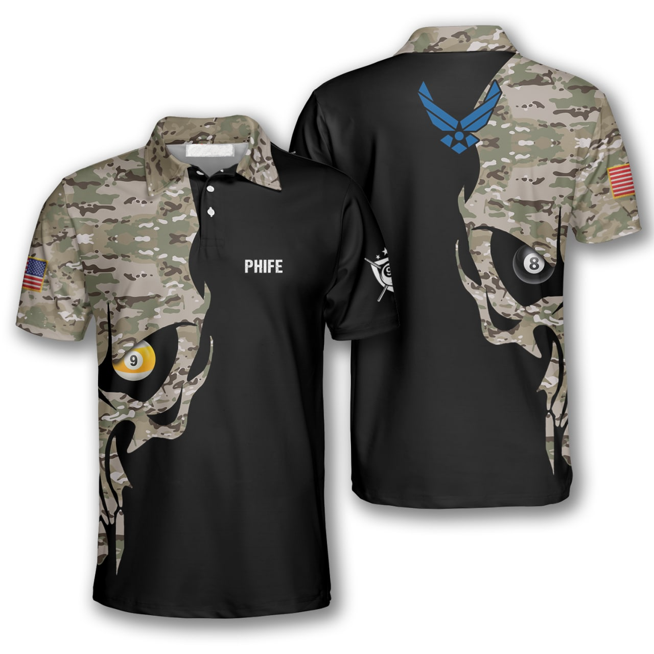 Skull Camo Air Force Logo Custom Billiard Shirts for Men/ Men''s Billiard Polo Shirts