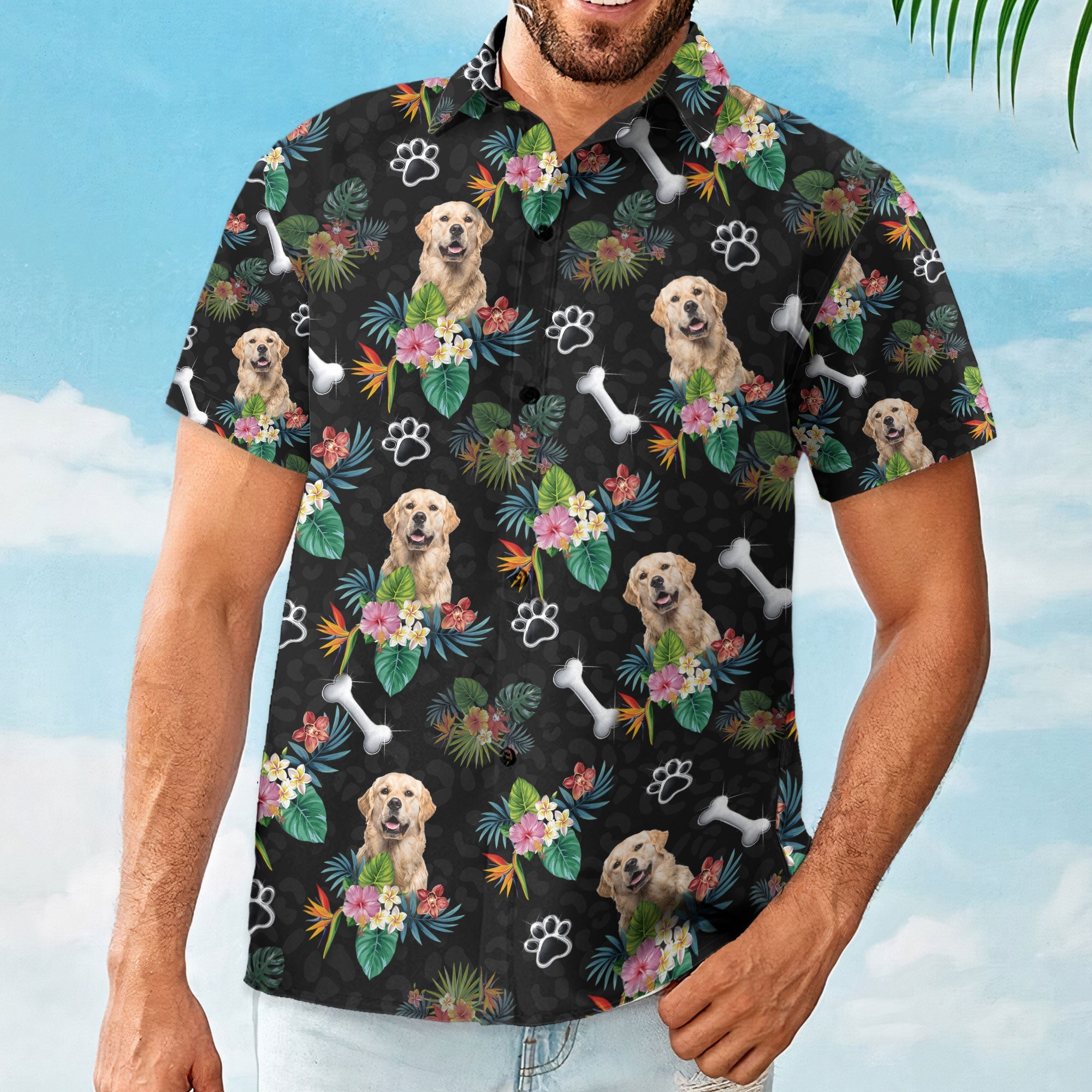 Custom Photo Dog Bone Flower Pattern Hawaiian Shirt/ Dog Hawaiian/ Gift For Dog Dad/ Dog Lover/ Dog Owner