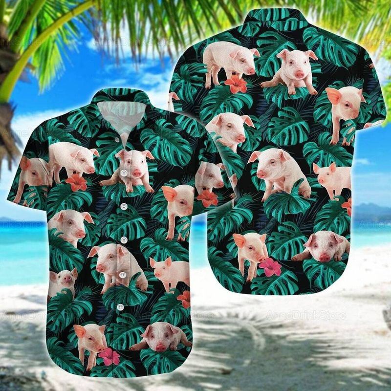 Pig Aloha Hawaiian Shirt - Baby Pig Hawaiian Shirt/ Tropical Leaves Pattern Hawaiian Shirt