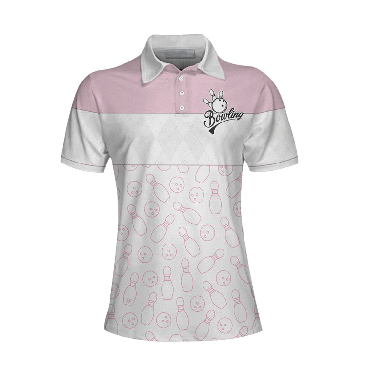 Pink Bowling Balls And Pins Pattern Bowling Short Sleeve Women Polo Shirt/ White Bowling Polo Shirt For Ladies Coolspod