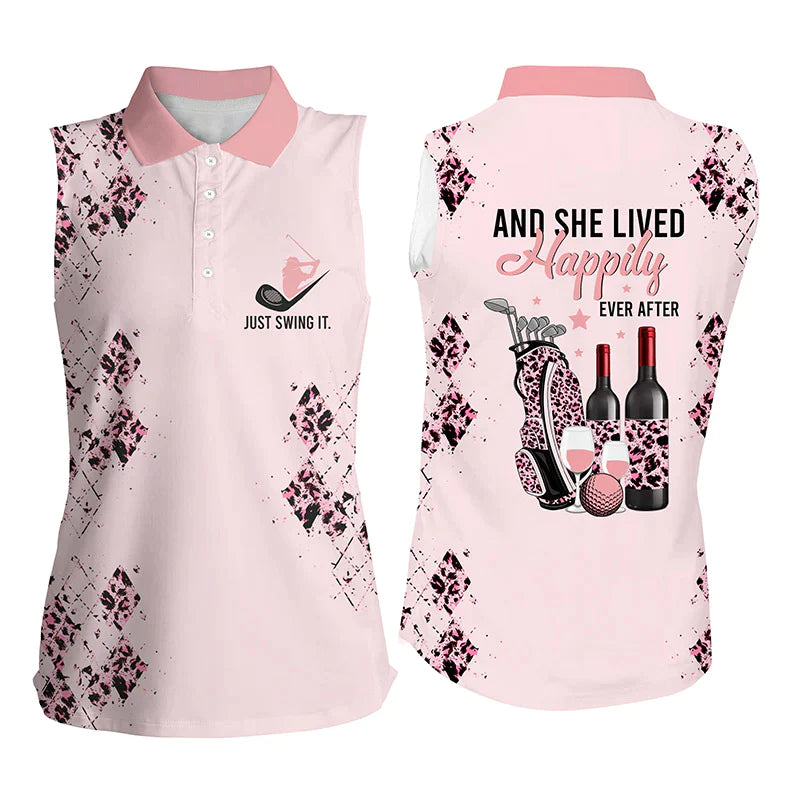 Pink leopard Womens sleeveless polo shirt/ golf wine just swing it and she lived happily ever after