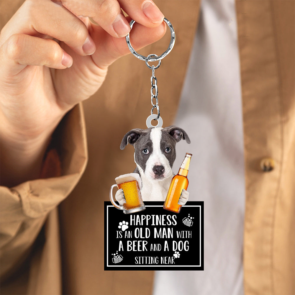 Pitbull Happiness Is An Old Man With A Beer And A Dog Sitting Near Acrylic Keychain