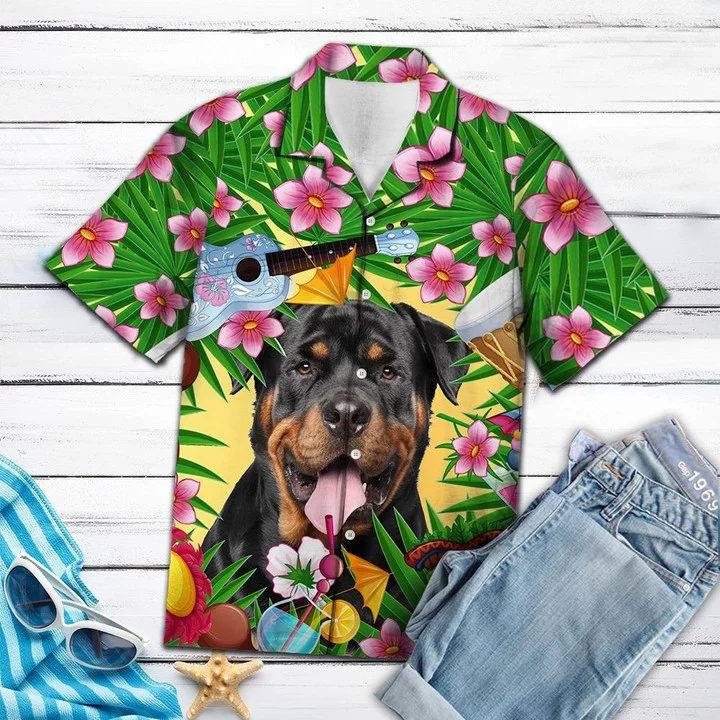 Playful Rottweiler Chilling Summer Party Pattern Hawaiian Shirt
