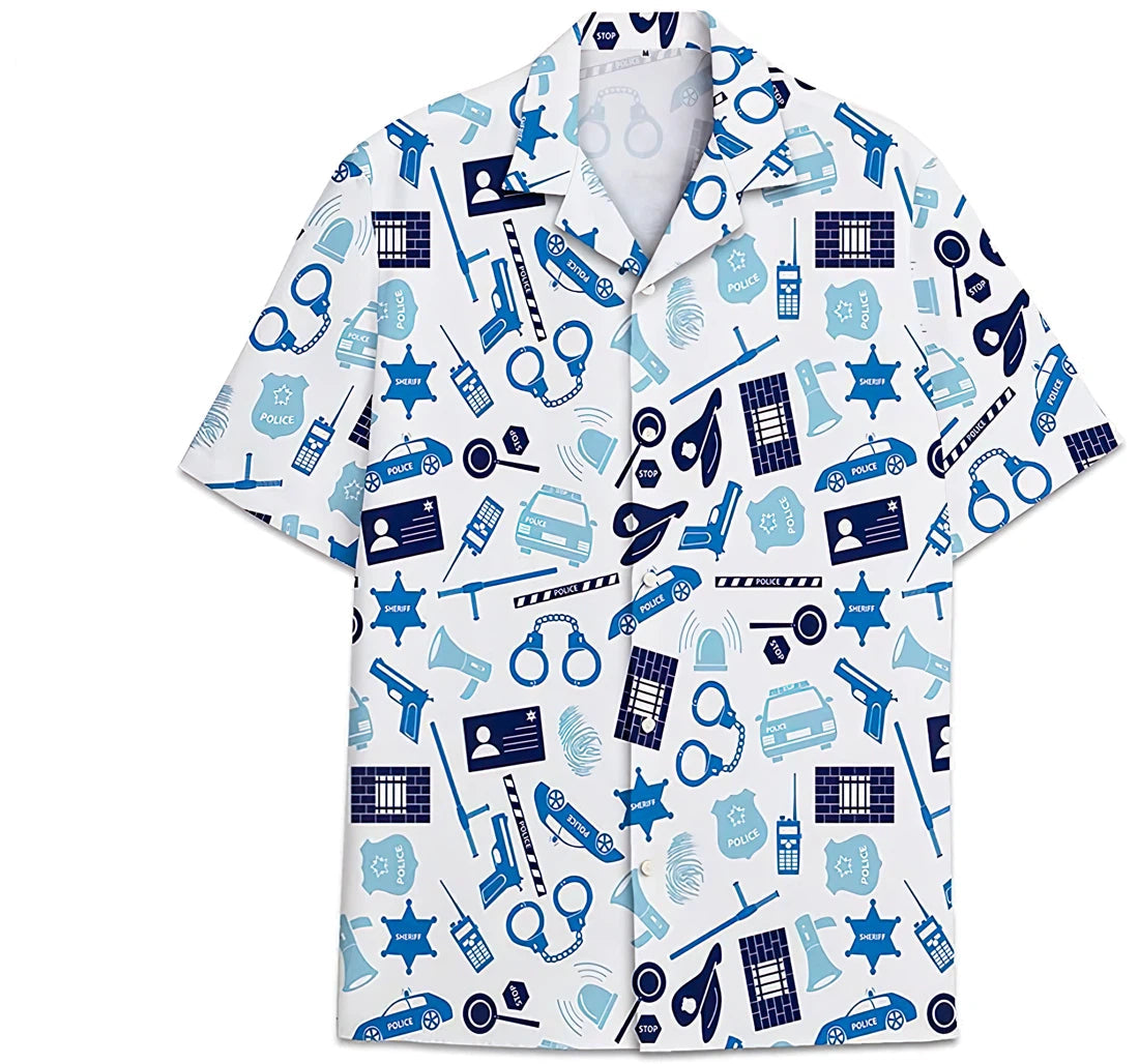 Police Pattern Short Tall Womensmall Hawaiian Shirt/ Button Up Aloha Shirt For Men/ Women