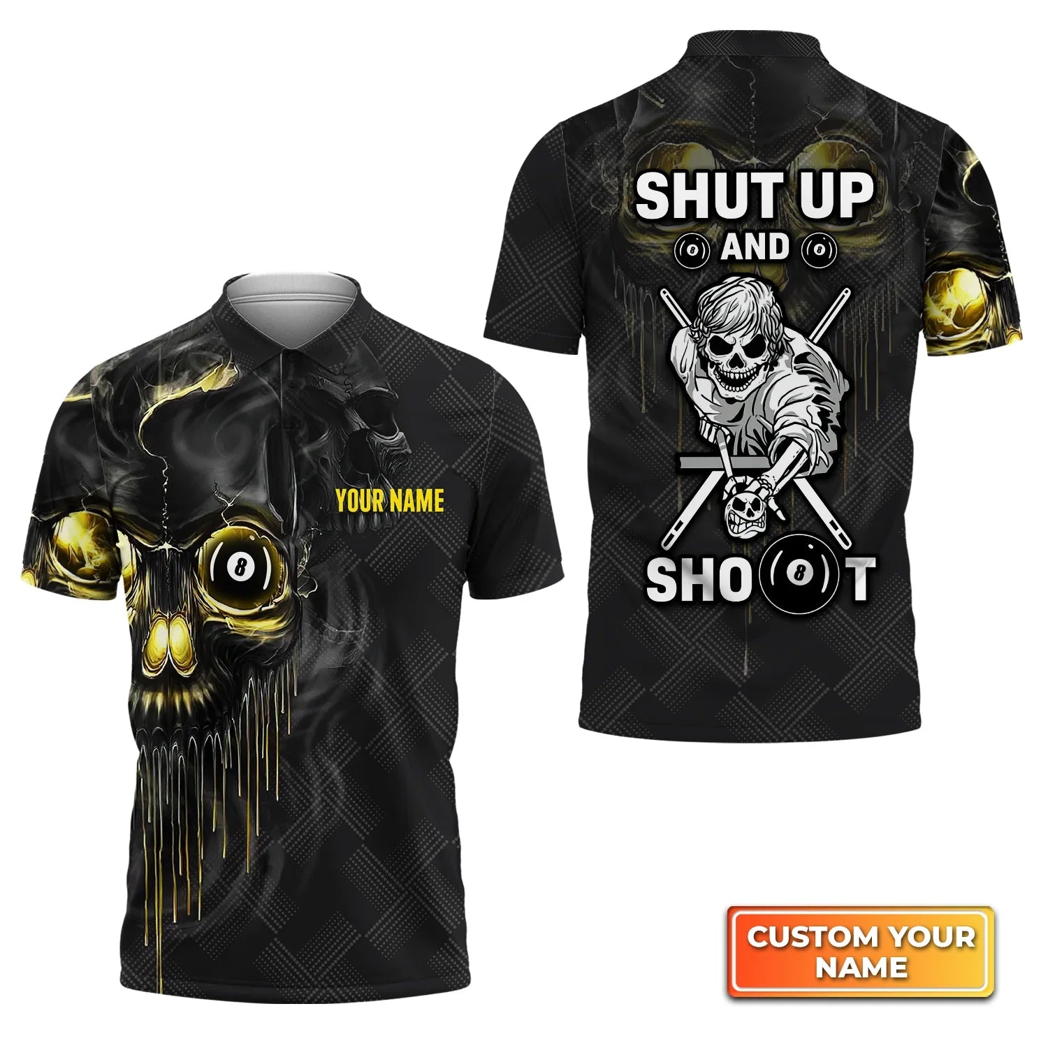 Customized Name Pool Shut Up And Shoot 3D Polo Shirt For Billiard Players/ Skull Shirt/ Billiard Shirt