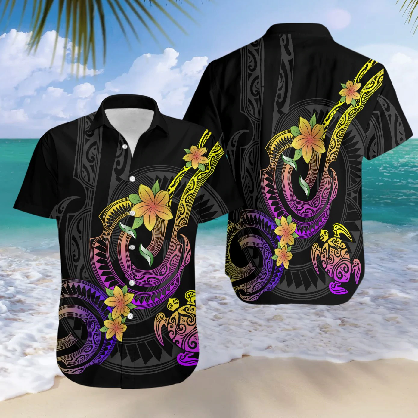 Polynesian Frangipani Flower Hawaii Shirt Casual Short Sleeve Aloha Beach Shirt