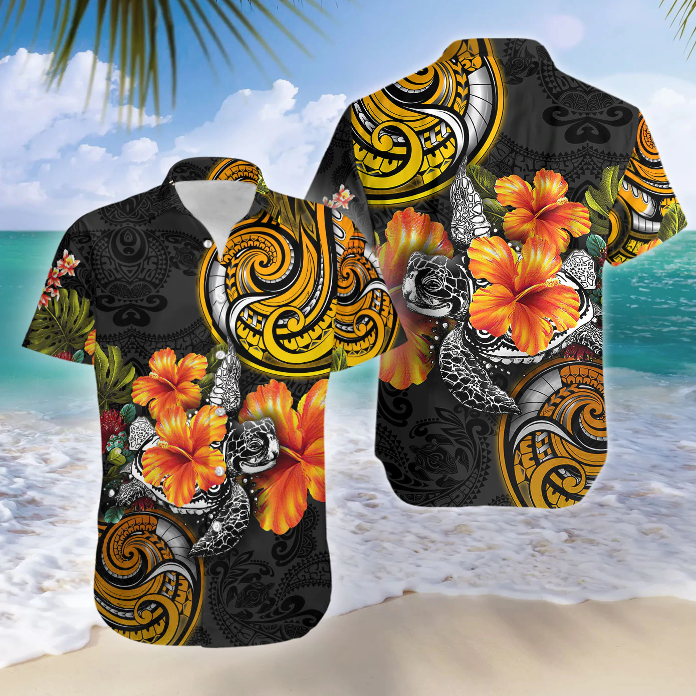 Polynesian Turtle Hibiscus Hawaiian Shirts Casual Short Sleeve Aloha Beach Shirt